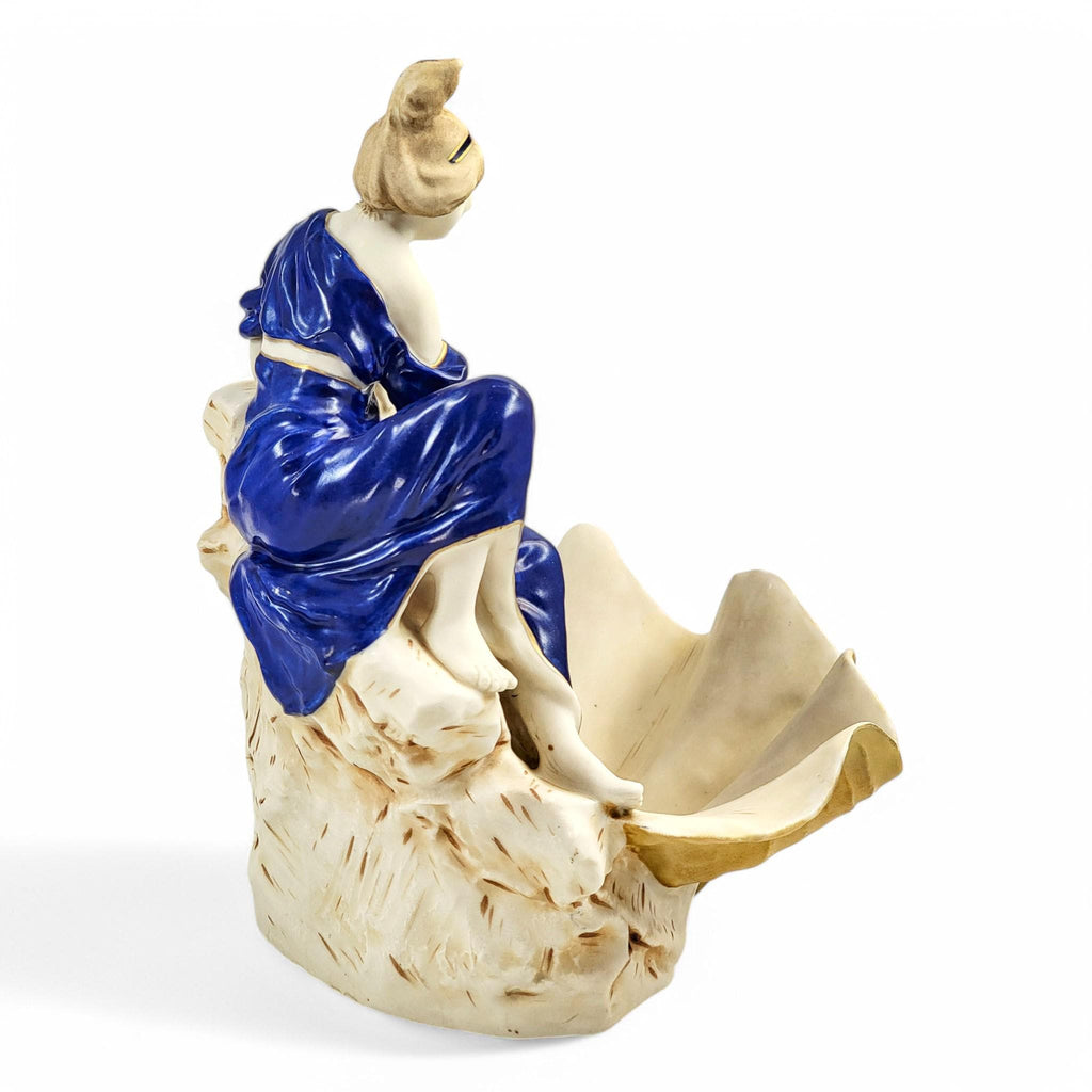 Royal Dux Bohemia Porcelain Centerpiece: Art Nouveau Water Bearer Clam Shell Bowl