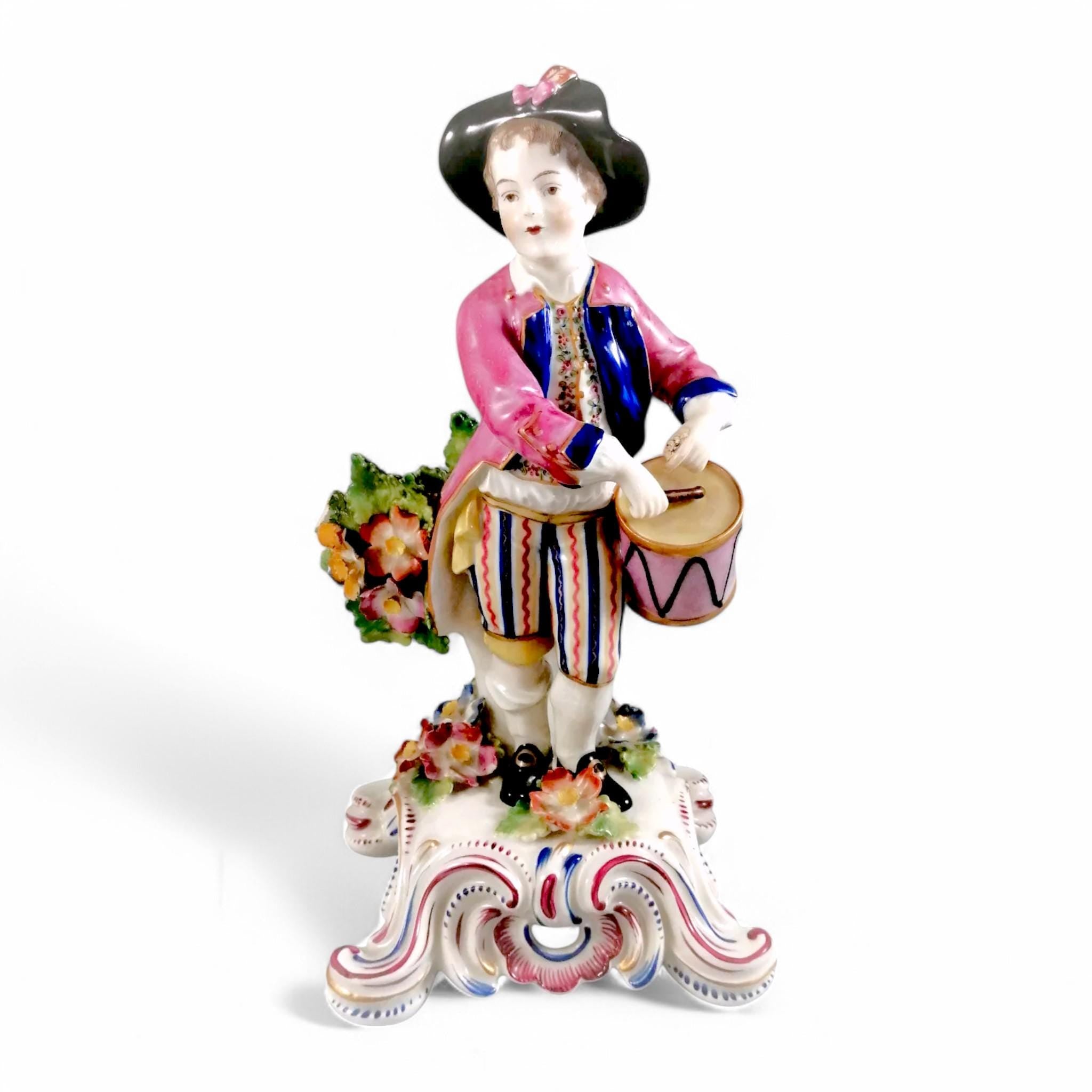 Rare Bow Porcelain Boy Drummer Figurine: English Pastel Decor, c. 1744
