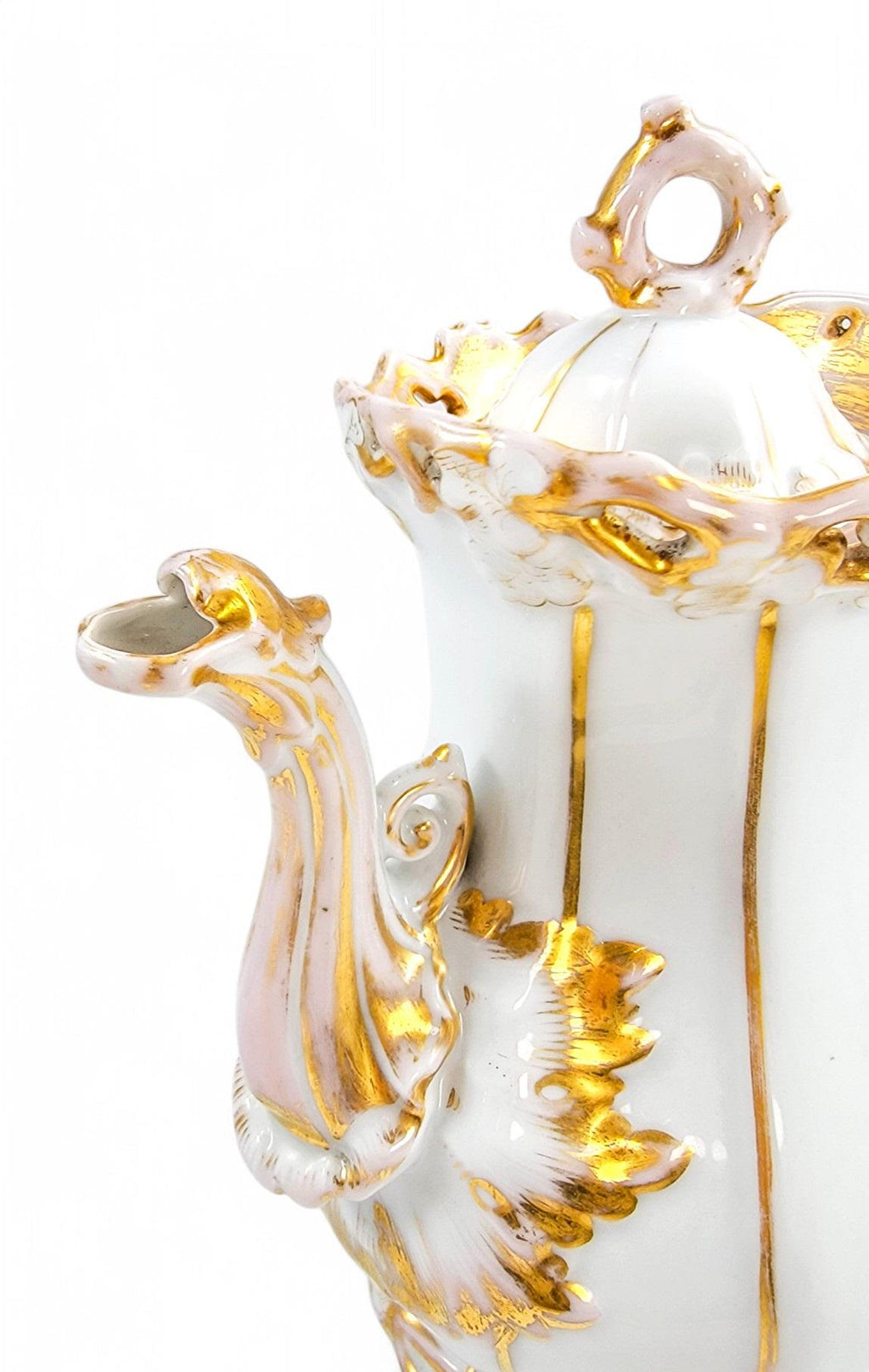 Rare Carl Tielsch Rococo Revival Porcelain Coffee Pot: Antique German Gilding, c. 1850s