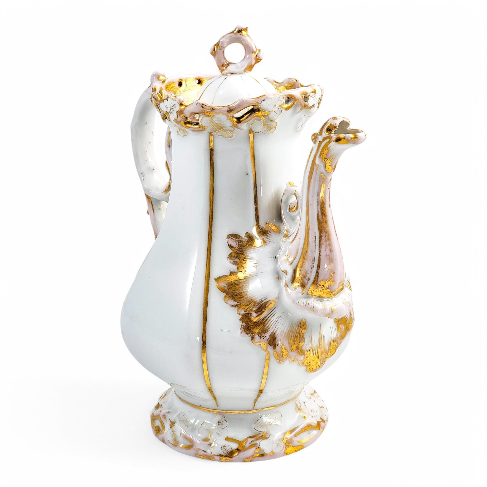 Rare Carl Tielsch Rococo Revival Porcelain Coffee Pot: Antique German Gilding, c. 1850s