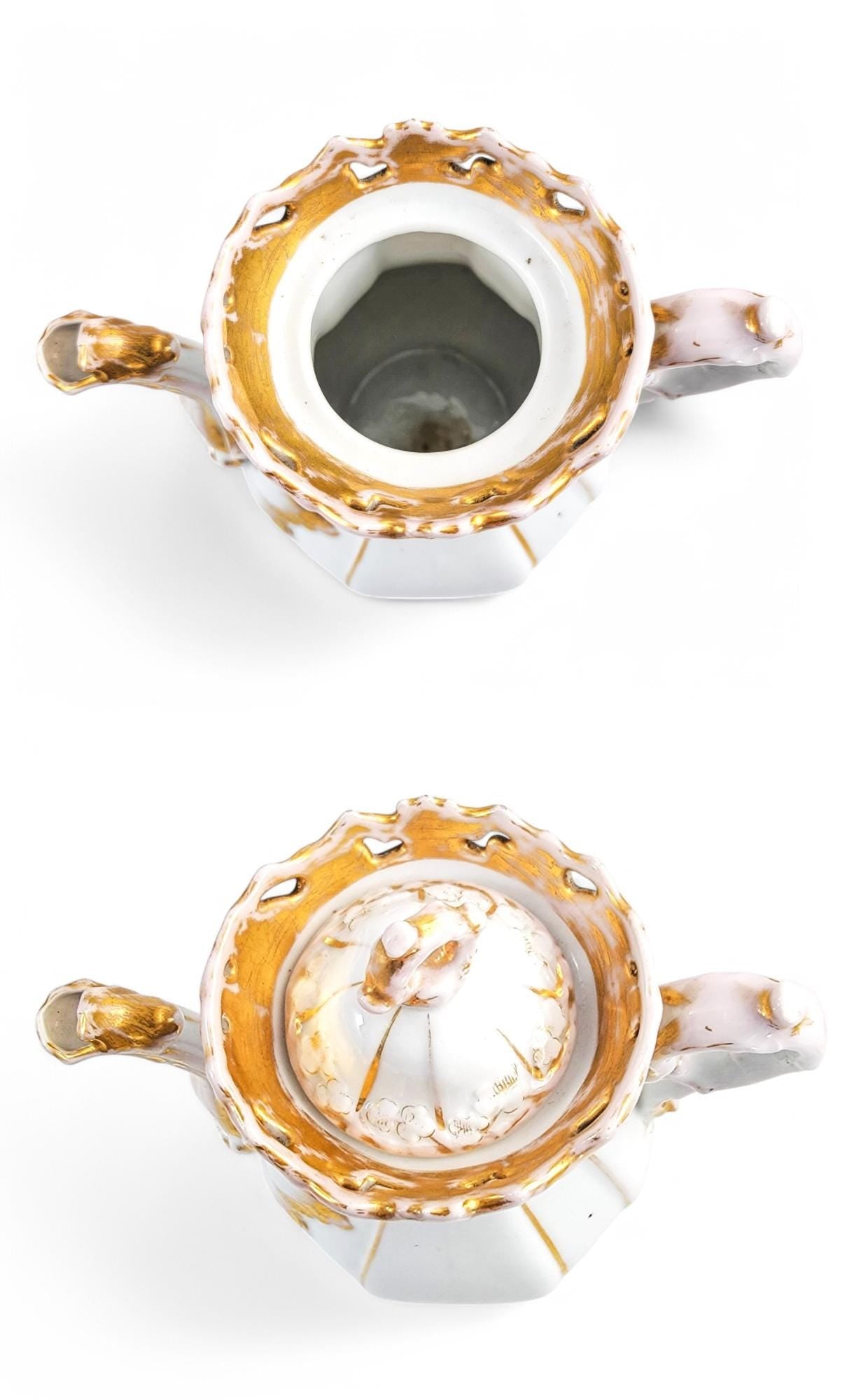 Rare Carl Tielsch Rococo Revival Porcelain Coffee Pot: Antique German Gilding, c. 1850s