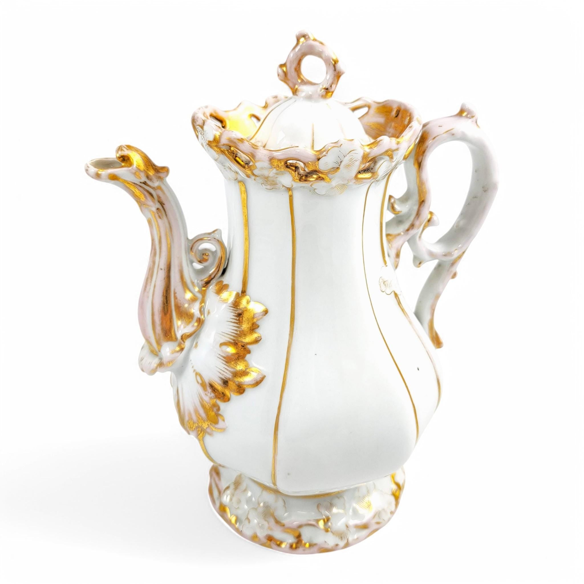 Rare Carl Tielsch Rococo Revival Porcelain Coffee Pot: Antique German Gilding, c. 1850s