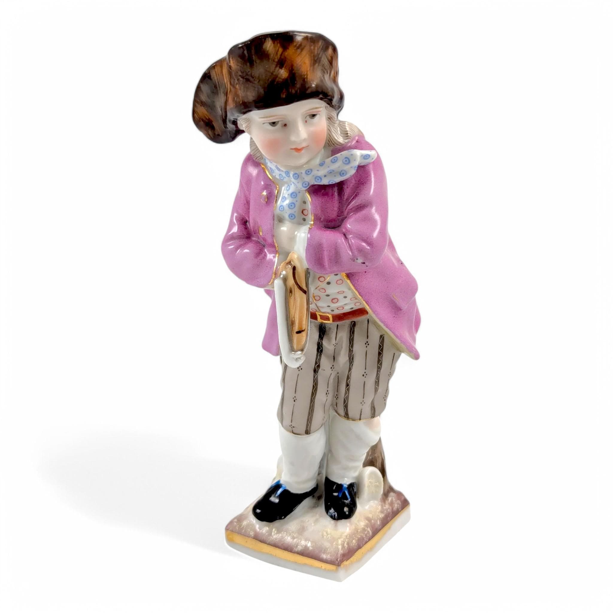 Sitzendorf antique porcelain "Skater" figurine hand-painted on gilt base, Germany, c. 1880s