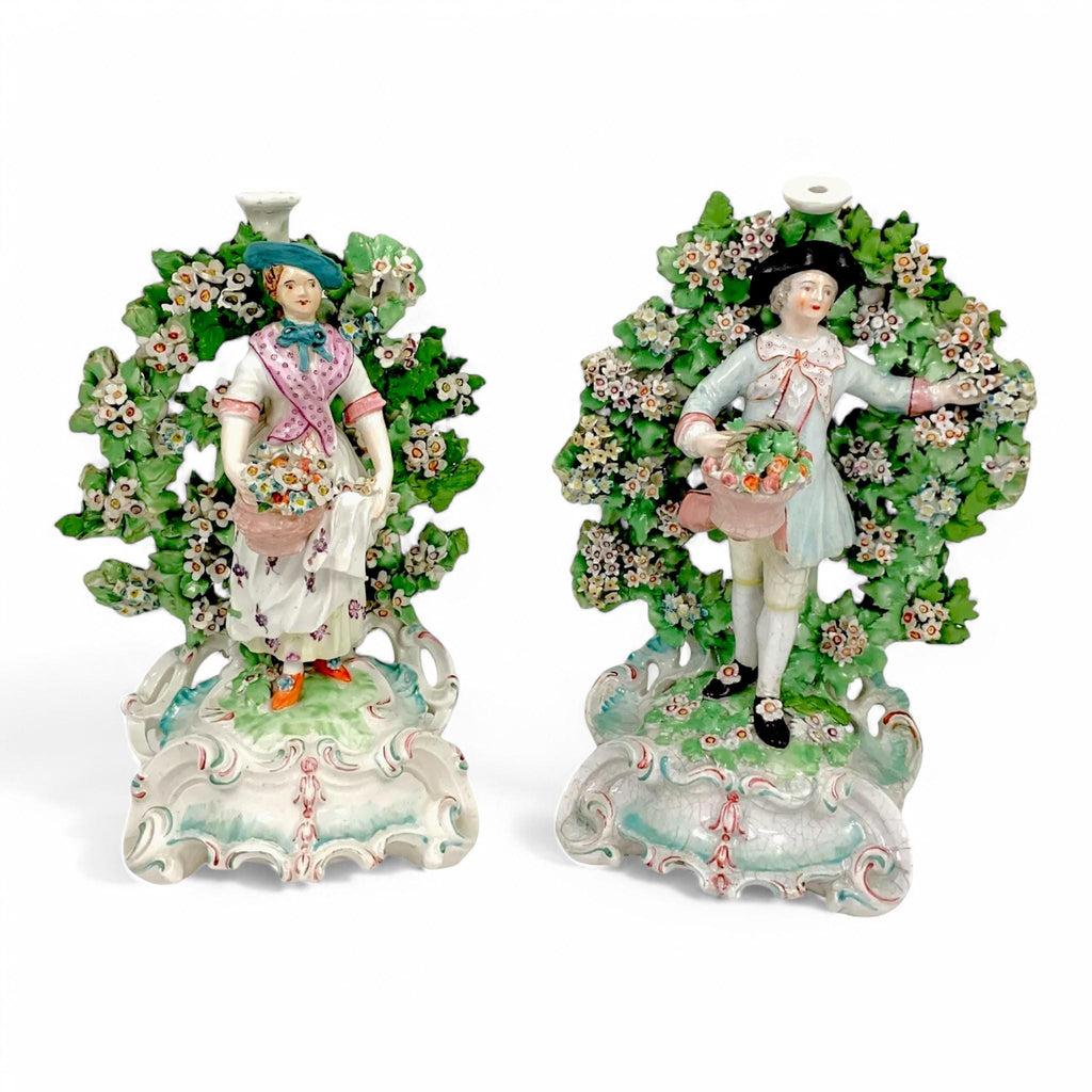 Rare Derby Porcelain Figural Candlesticks: Basket Shepherds, Circa 1765