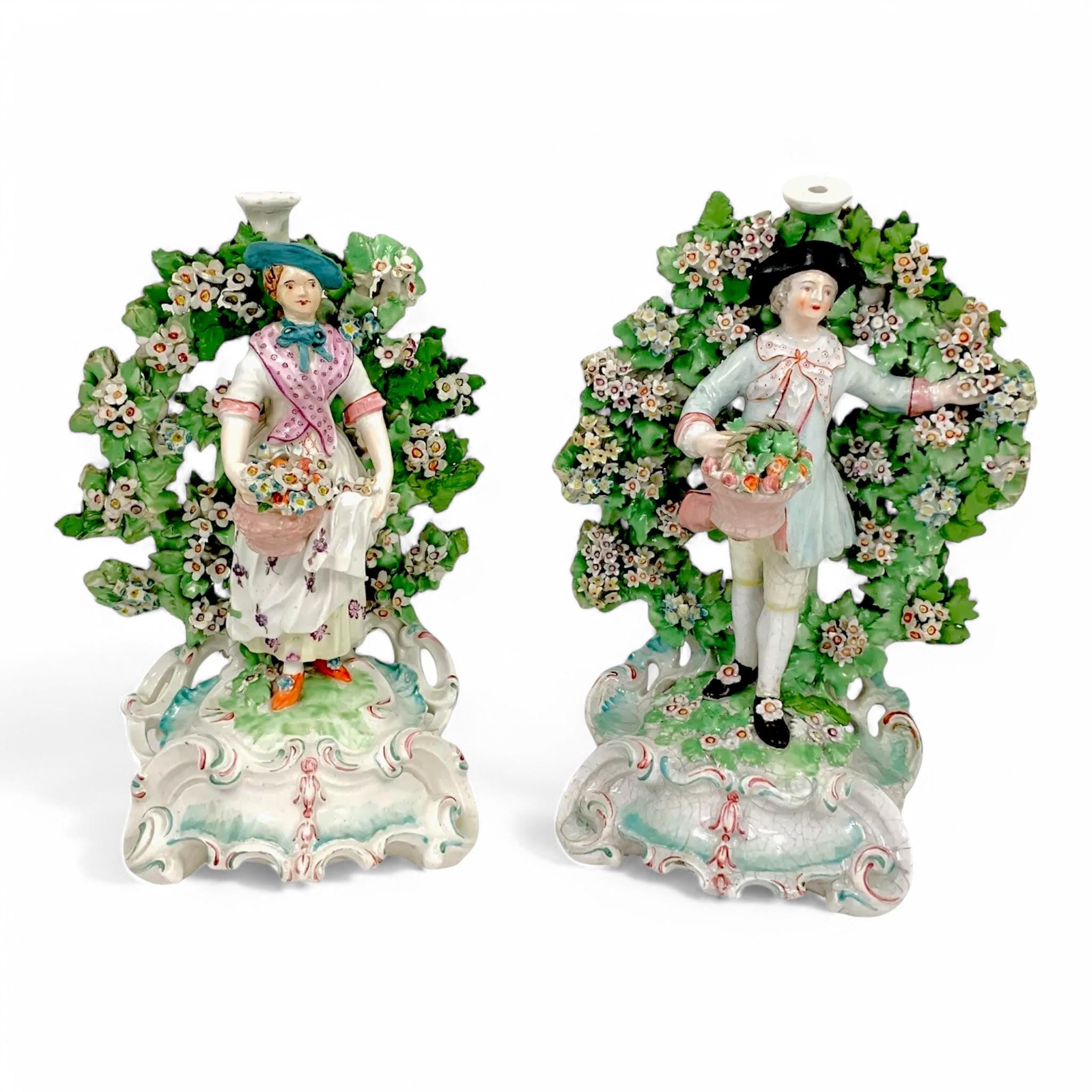 Rare Derby Porcelain Figural Candlesticks: Basket Shepherds, Circa 1765