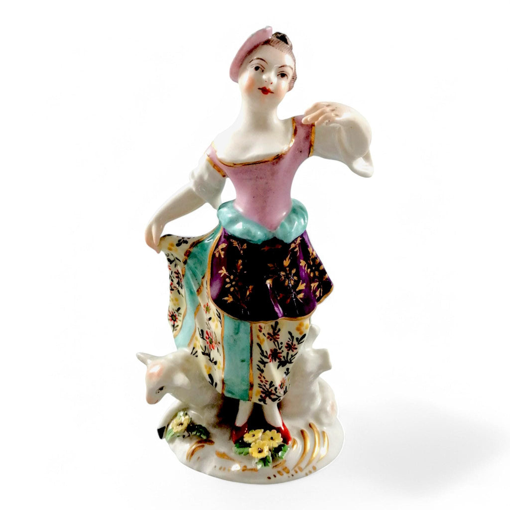 Possibly Chelsea porcelain figurine of young woman shepherdess, gold anchor mark, c. 1820