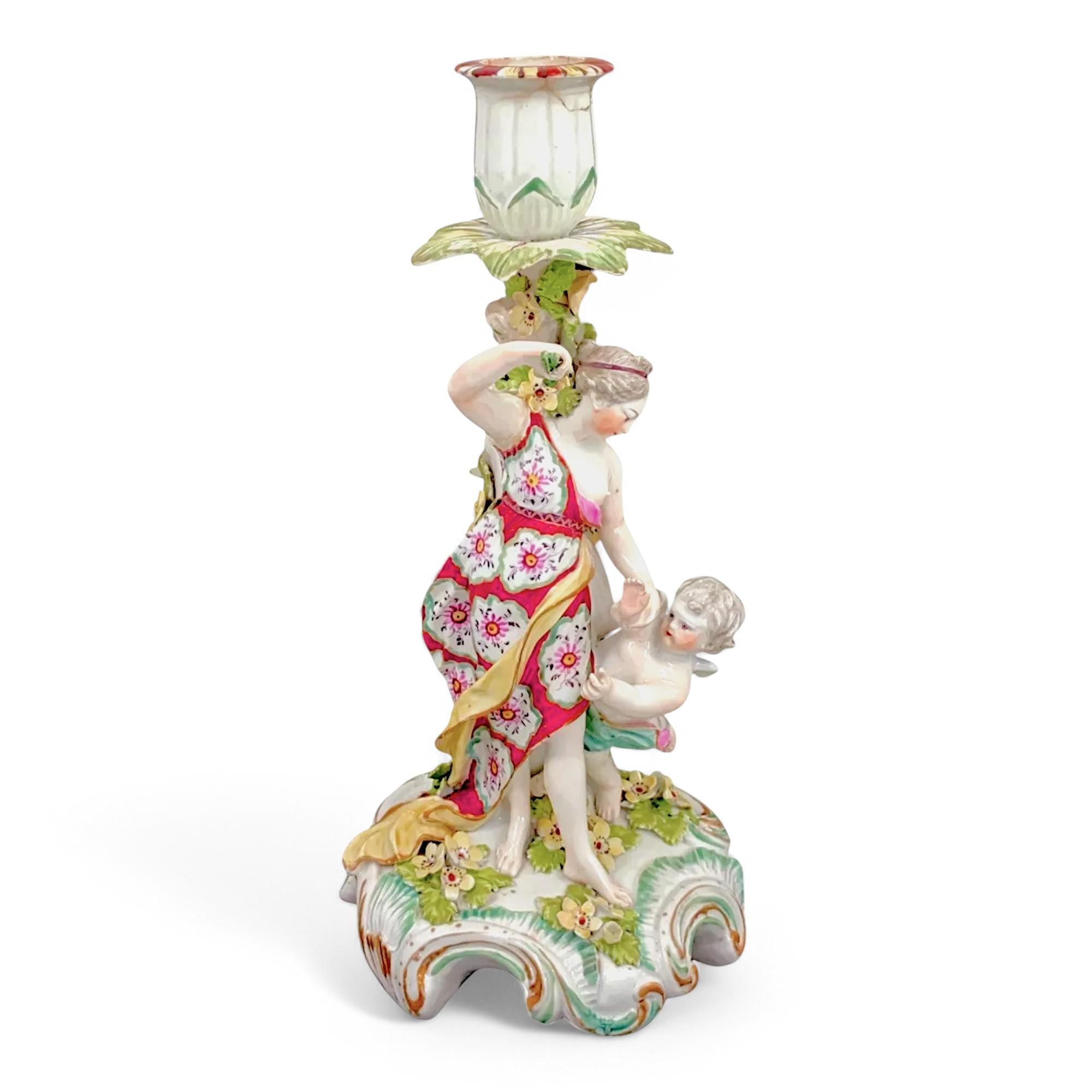 Early Derby Porcelain Candlestick: Venus and Cupid Figurine, Rococo Rocaille Base, c. 1765