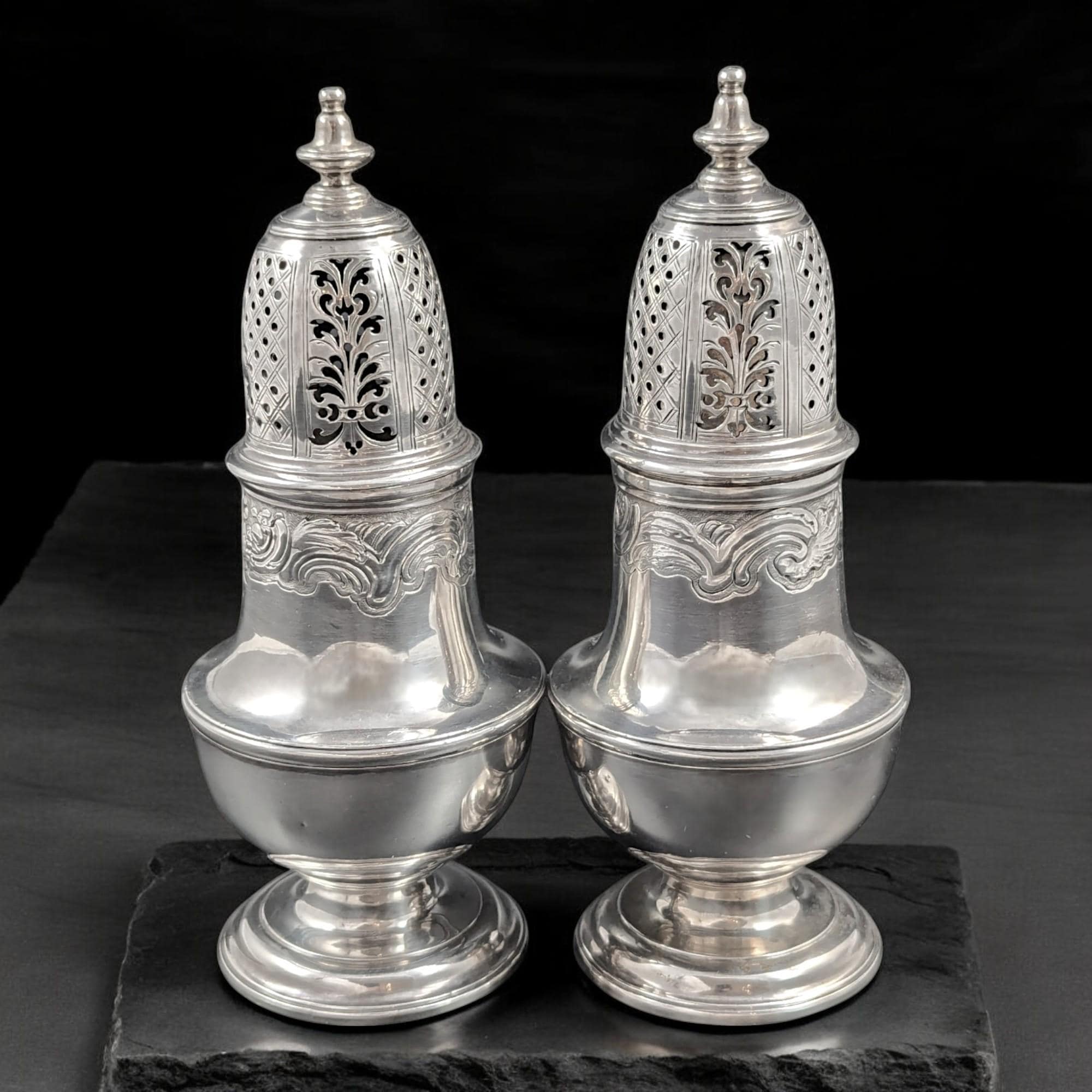 Rare Georgian Sterling Silver Sugar Casters: Charles Alchorne, 1737