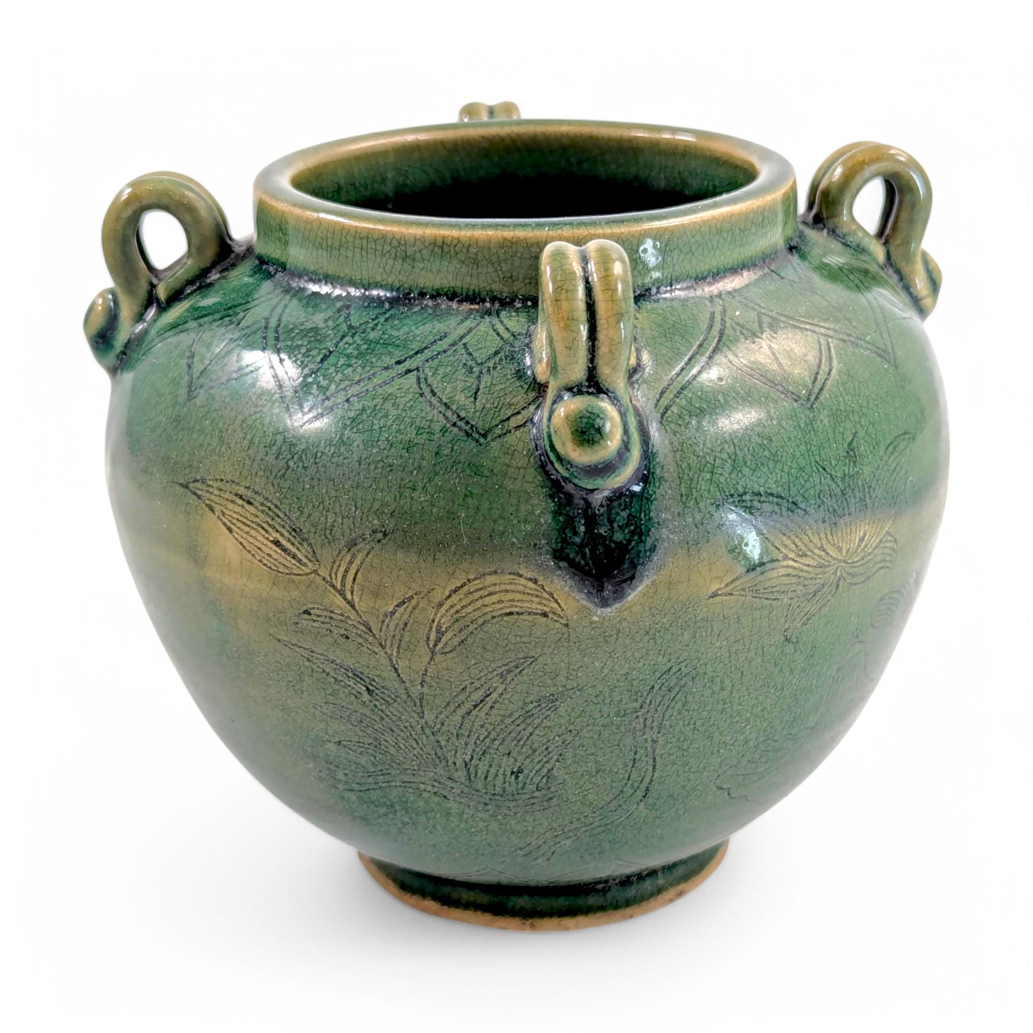 Antique Chinese Celadon Jar: Song Dynasty Style Ducks and Lotus