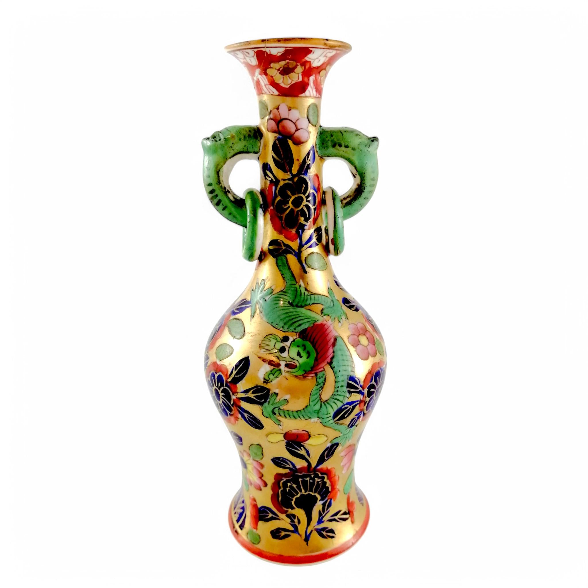 Rare Mason's Ironstone Vase: Pink & Green Dragons, Elephant Handles, c.1800-1816