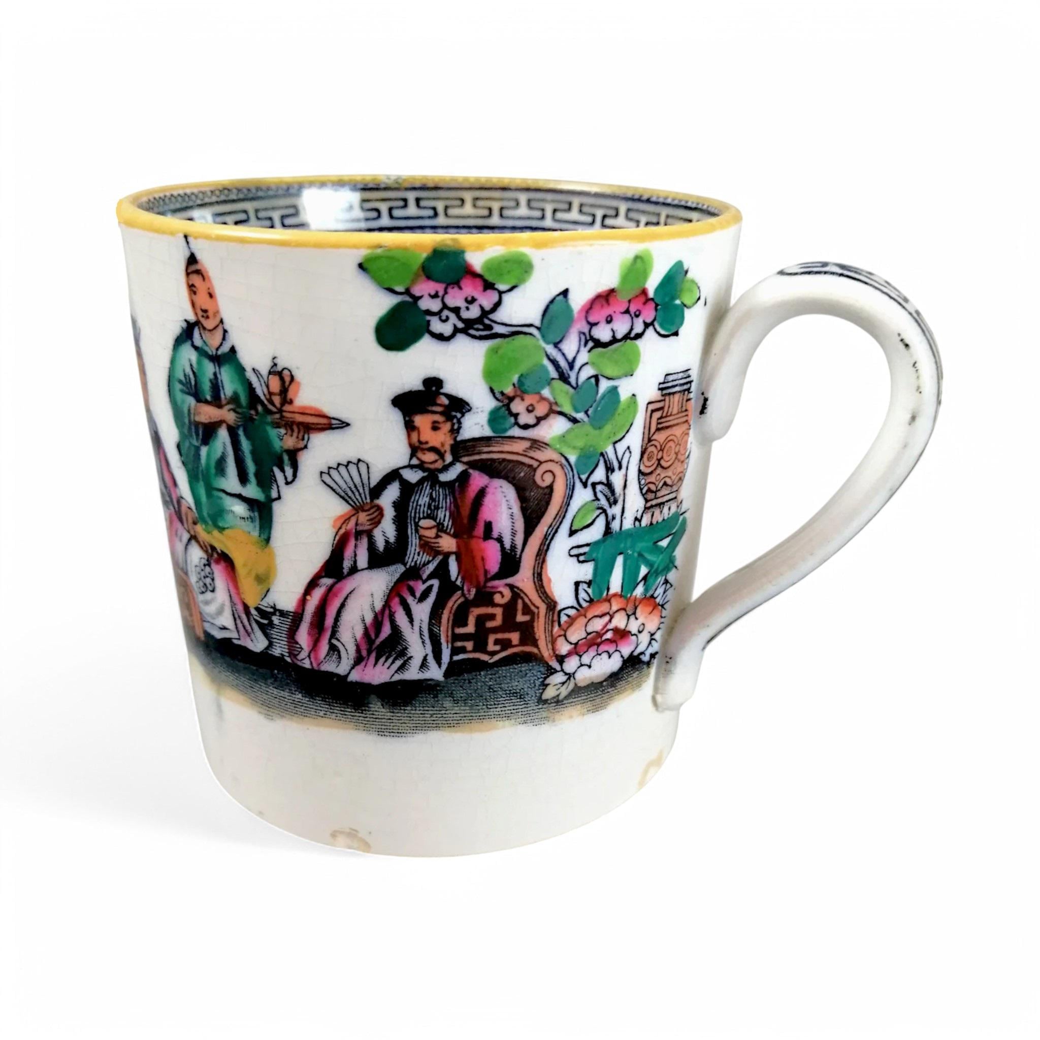 Antique Staffordshire Mug: Hand-Painted Chinoiserie Tea Scene, c. 1810
