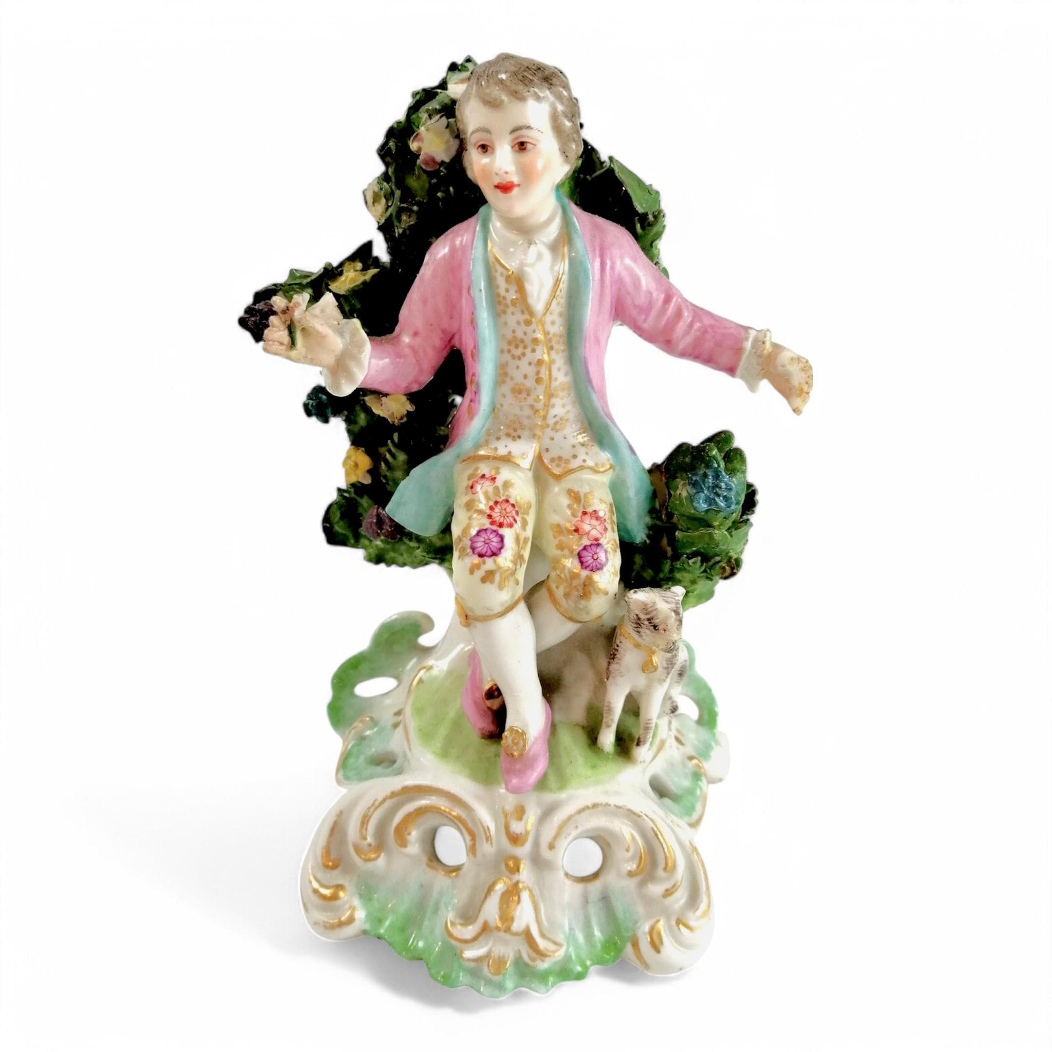 Antique Bow Porcelain Figurine: Boy with Dog, Gilt Pink Coat