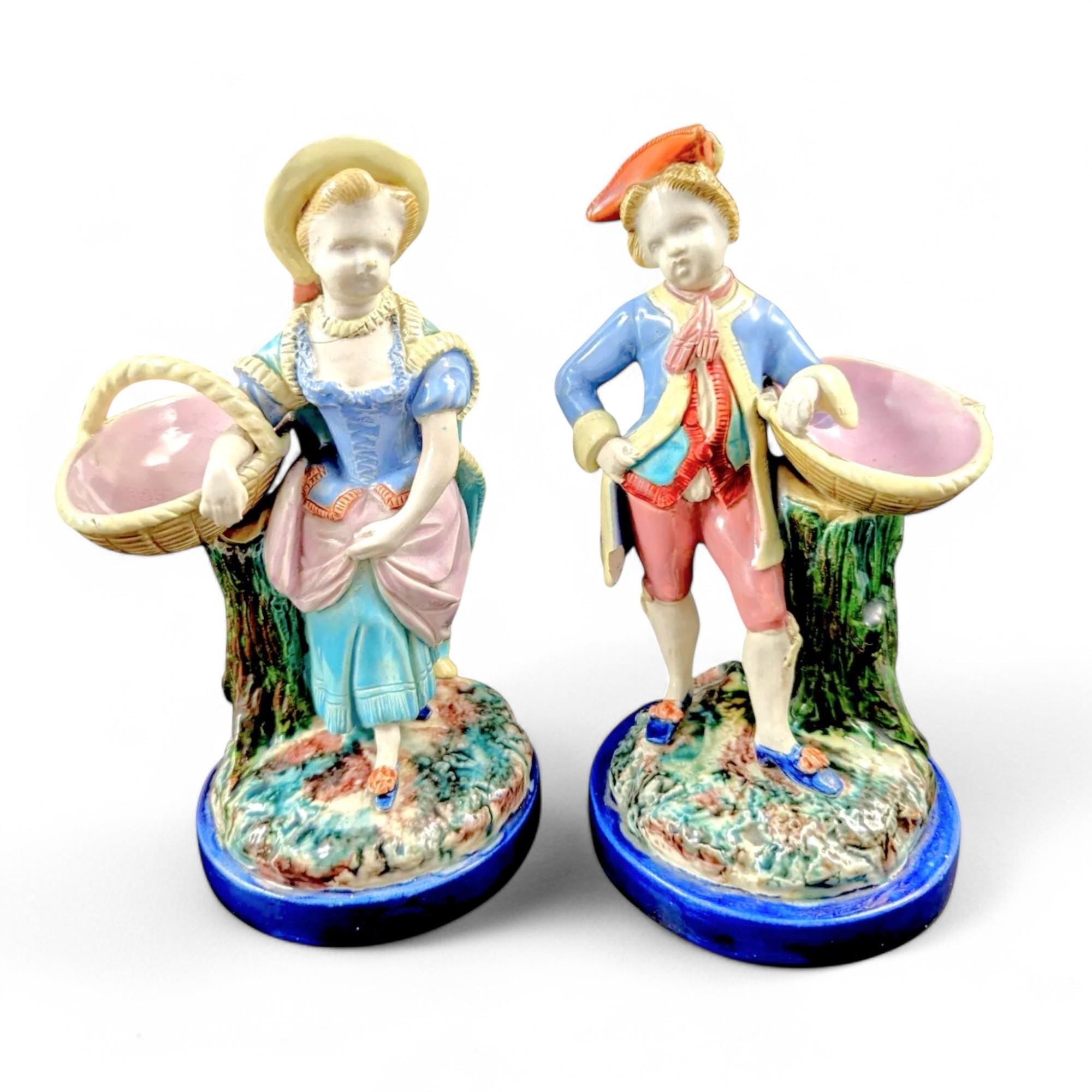 Antique Royal Worcester Majolica Figurines: Boy and Girl with Baskets, 1870s