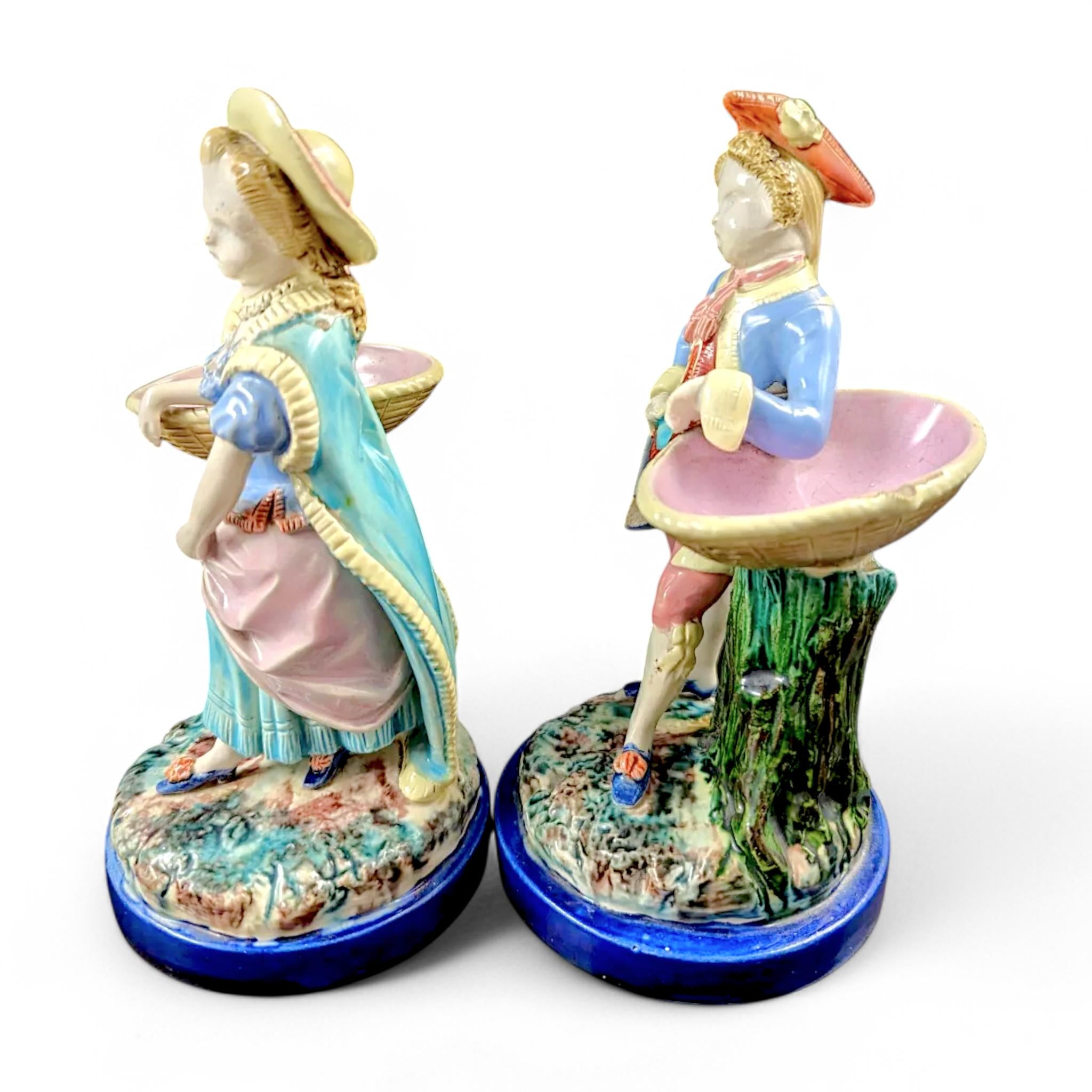 Antique Royal Worcester Majolica Figurines: Boy and Girl with Baskets, 1870s