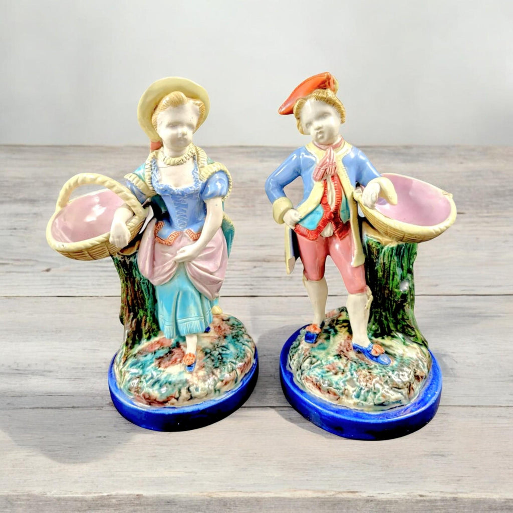 Antique Royal Worcester Majolica Figurines: Boy and Girl with Baskets, 1870s