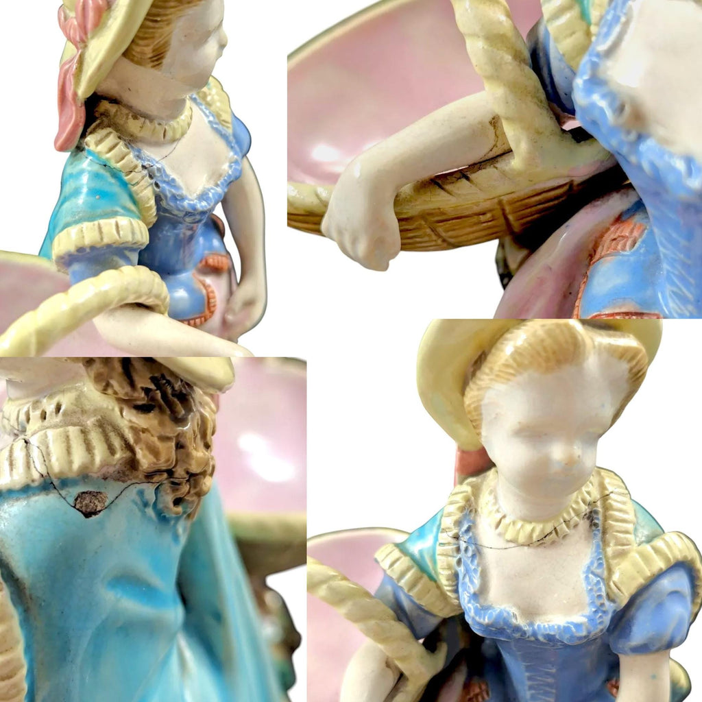 Antique Royal Worcester Majolica Figurines: Boy and Girl with Baskets, 1870s