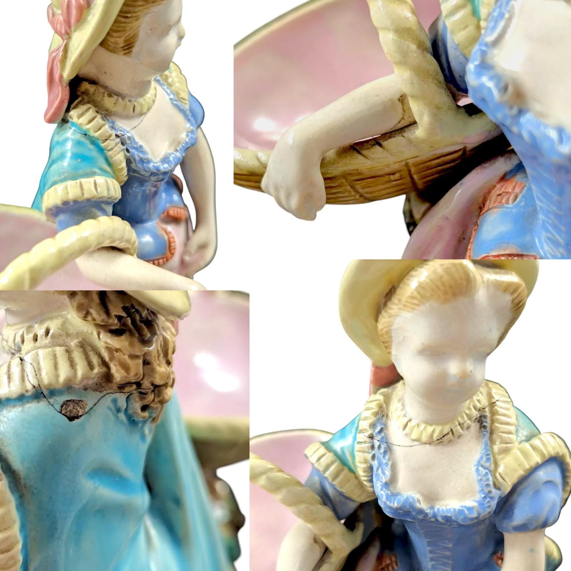 Antique Royal Worcester Majolica Figurines: Boy and Girl with Baskets, 1870s
