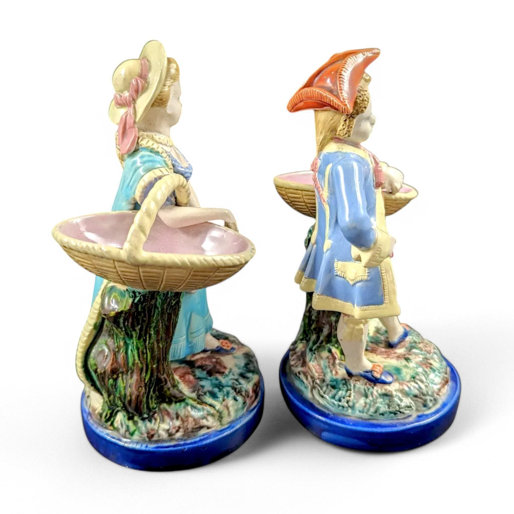 Antique Royal Worcester Majolica Figurines: Boy and Girl with Baskets, 1870s