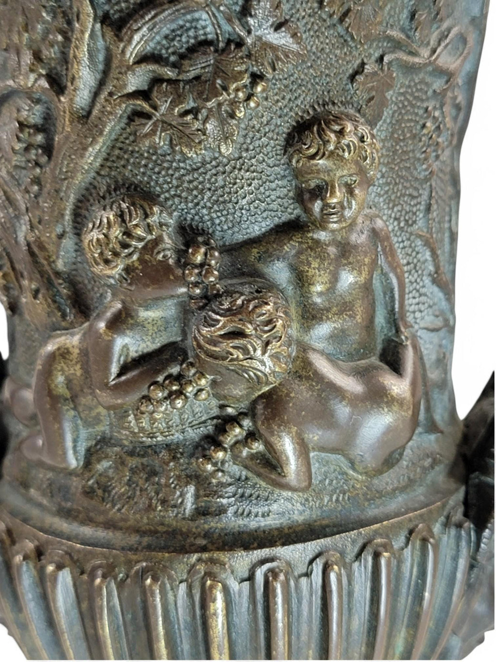 Art Nouveau Italian Bronze Amphora, Children & Grapevine Design, Hand-Cast Sculpture, Late 19th/Early 20th Century