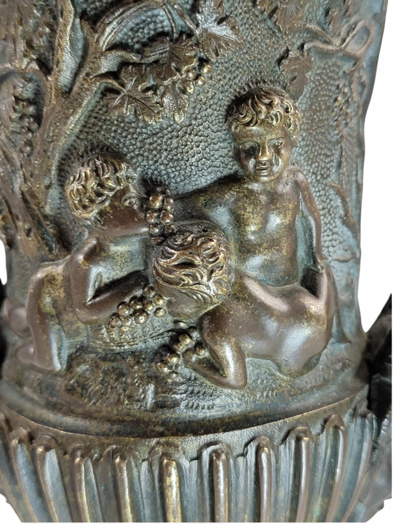 Art Nouveau Italian Bronze Amphora, Children & Grapevine Design, Hand-Cast Sculpture, Late 19th/Early 20th Century