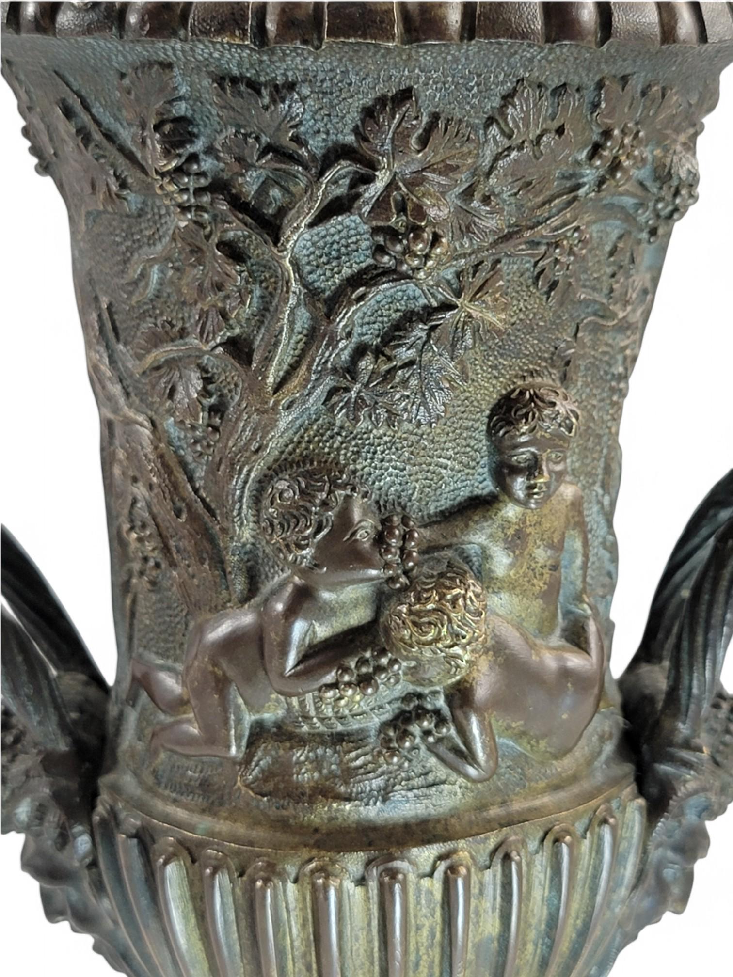 Art Nouveau Italian Bronze Amphora, Children & Grapevine Design, Hand-Cast Sculpture, Late 19th/Early 20th Century