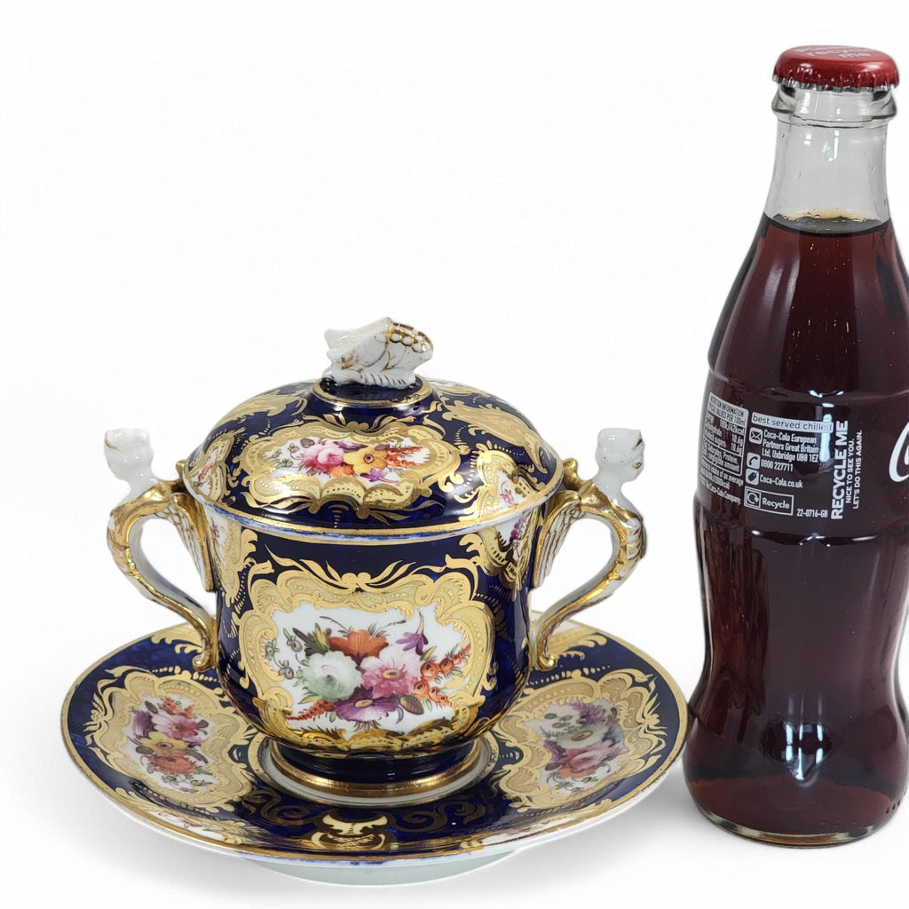 Regency Coalport Pembroke Chocolate Cup & Saucer, John Rose, 1810, Winged Harpy Handles, Hand-Painted