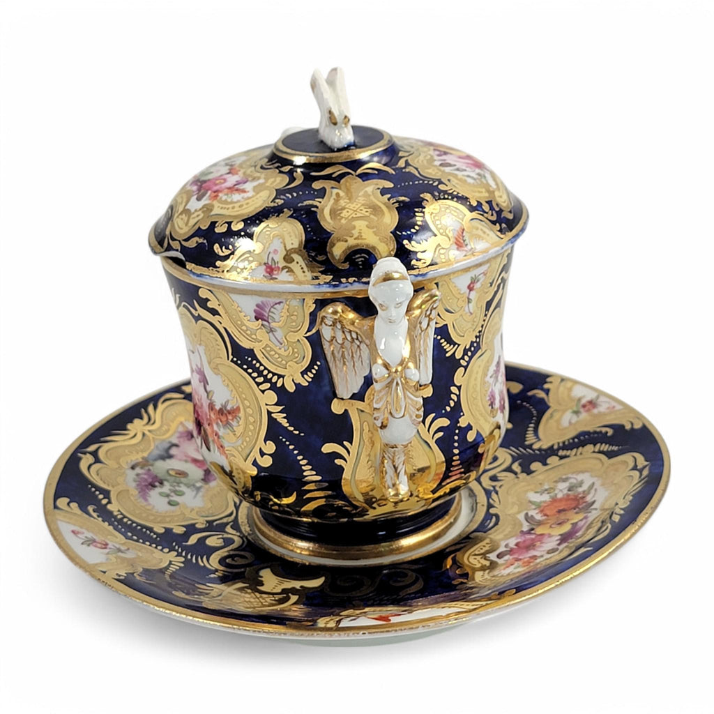 Regency Coalport Pembroke Chocolate Cup & Saucer, John Rose, 1810, Winged Harpy Handles, Hand-Painted