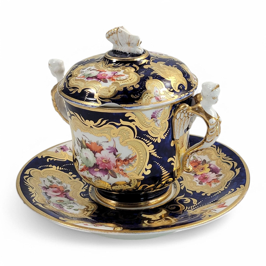 Regency Coalport Pembroke Chocolate Cup & Saucer, John Rose, 1810, Winged Harpy Handles, Hand-Painted