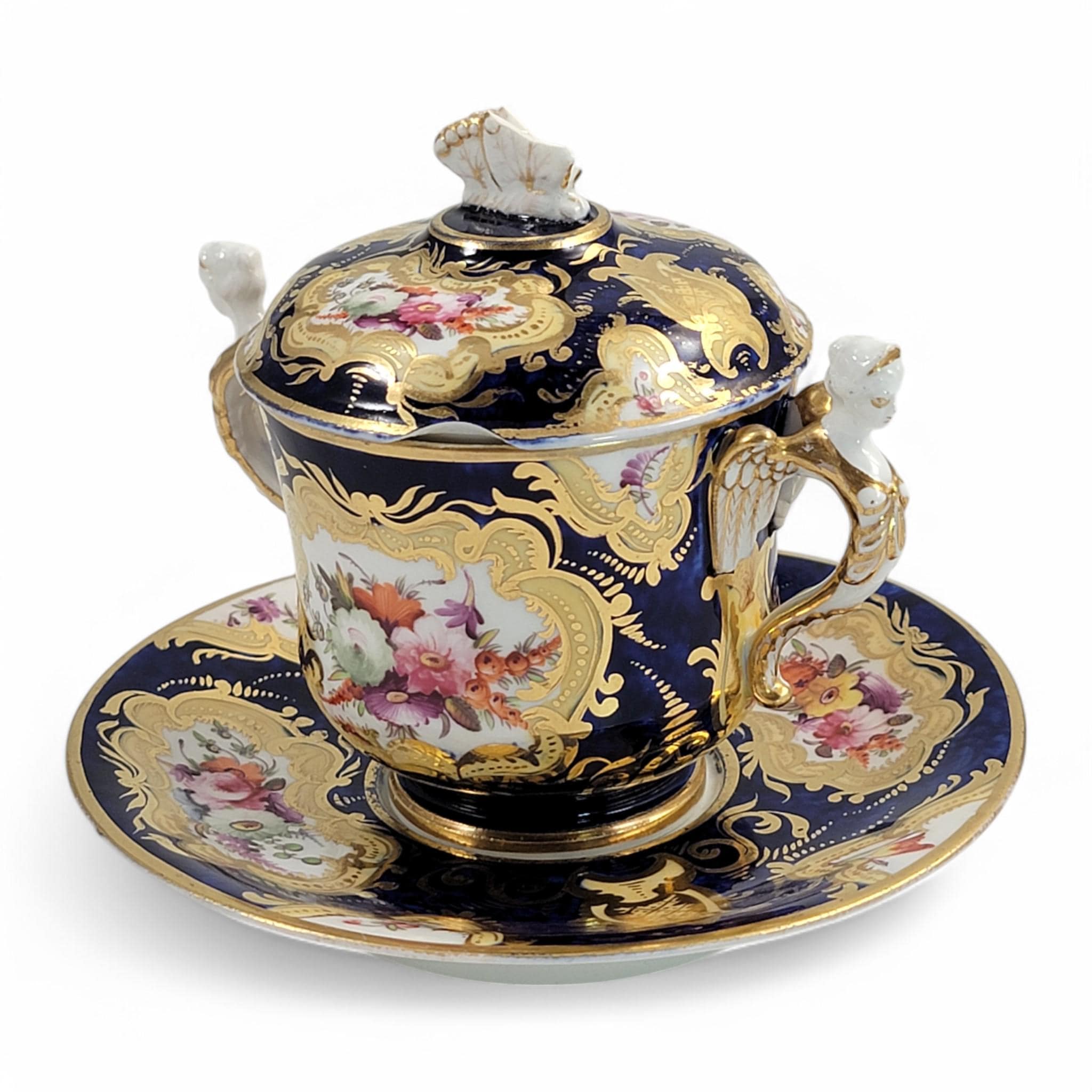 Regency Coalport Pembroke Chocolate Cup & Saucer, John Rose, 1810, Winged Harpy Handles, Hand-Painted