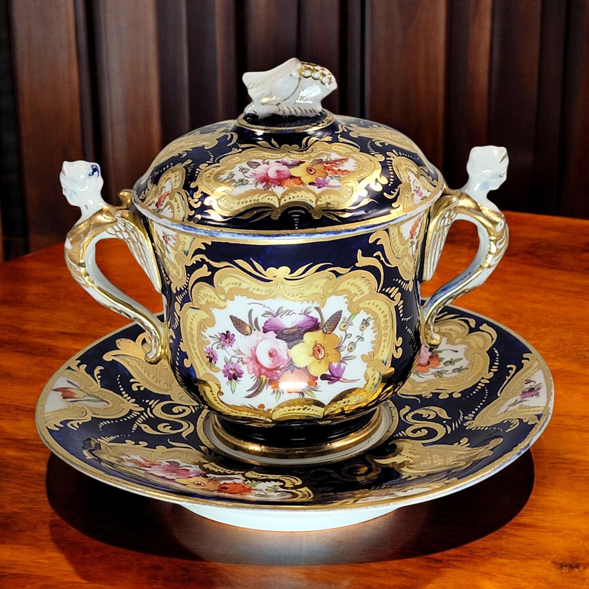 Regency Coalport Pembroke Chocolate Cup & Saucer, John Rose, 1810, Winged Harpy Handles, Hand-Painted