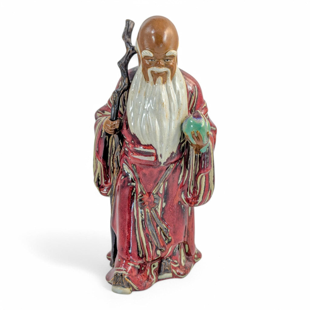 Large Shiwan Shou Xing Statue: Oxblood Glaze Chinese Pottery, c. 1950s