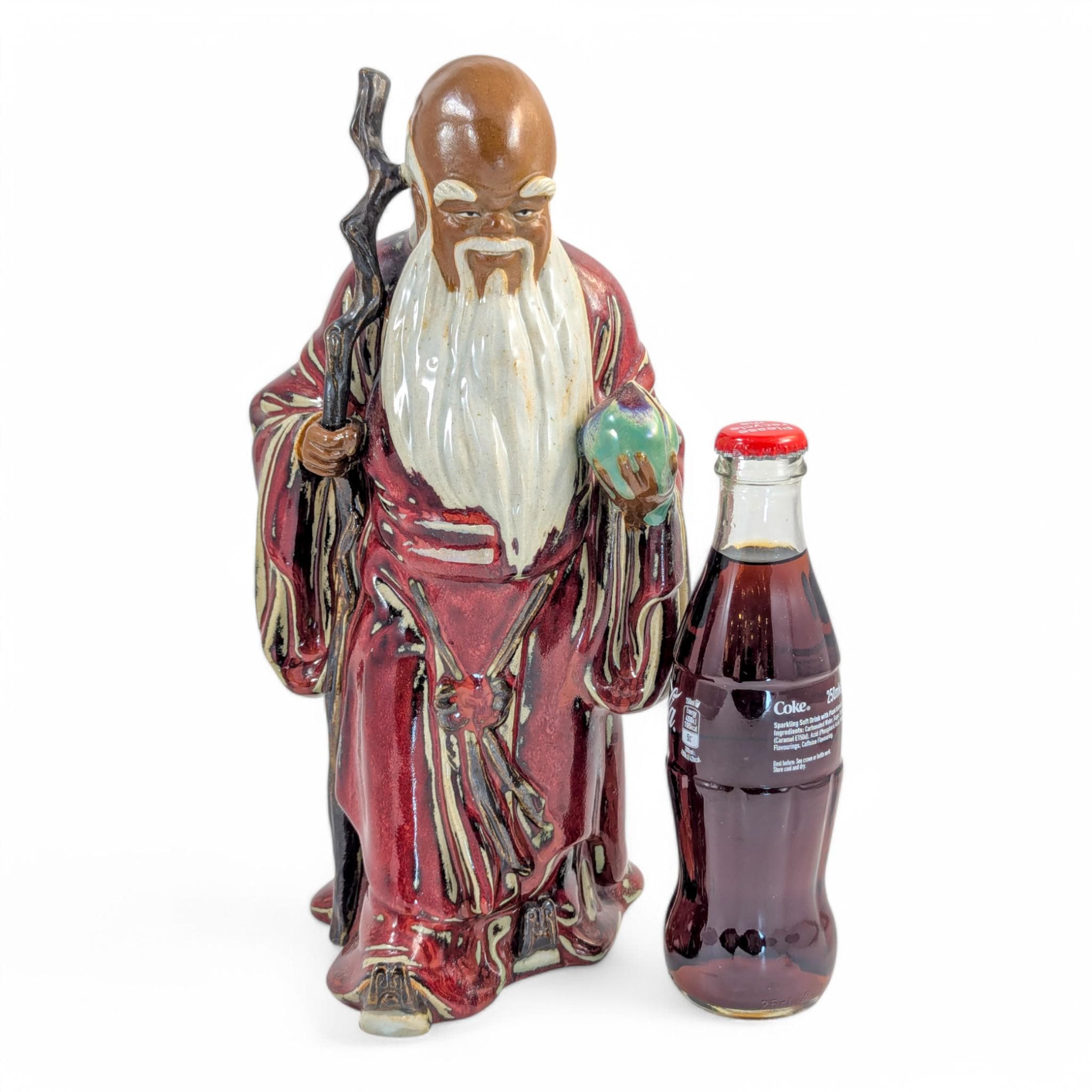 Large Shiwan Shou Xing Statue: Oxblood Glaze Chinese Pottery, c. 1950s