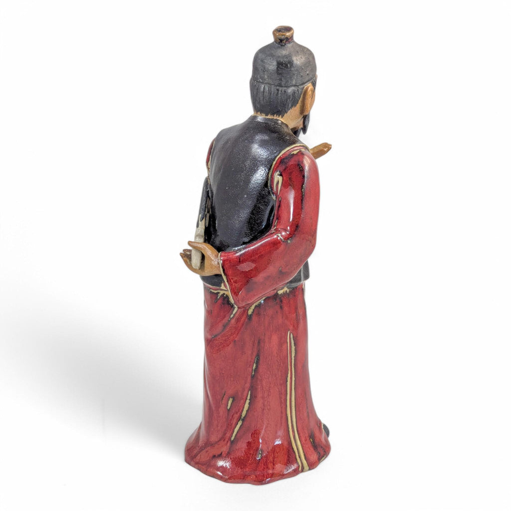 Shiwan Stoneware Scholar Statue: Mid-Century Oxblood Glaze Chinese Pottery