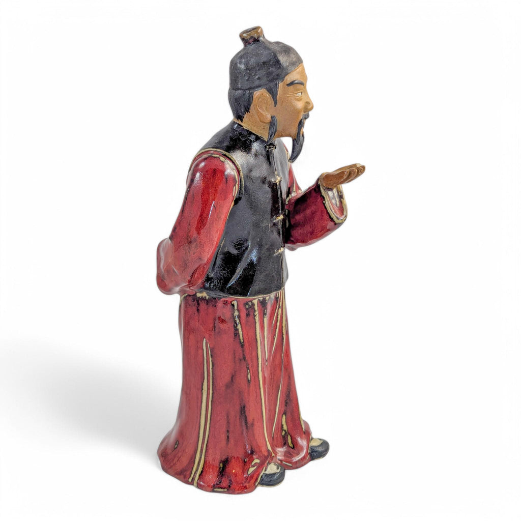 Shiwan Stoneware Scholar Statue: Mid-Century Oxblood Glaze Chinese Pottery