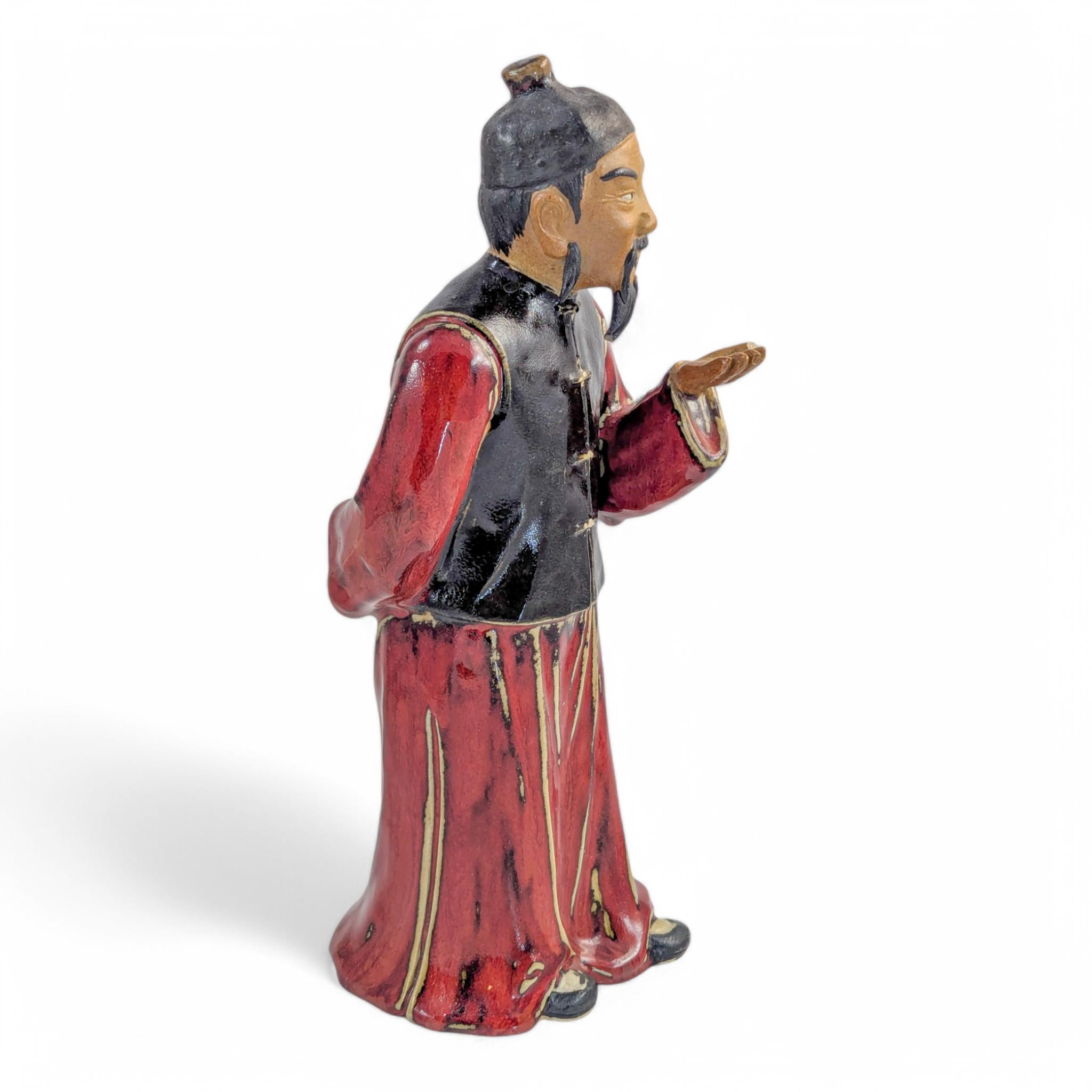 Shiwan Stoneware Scholar Statue: Mid-Century Oxblood Glaze Chinese Pottery