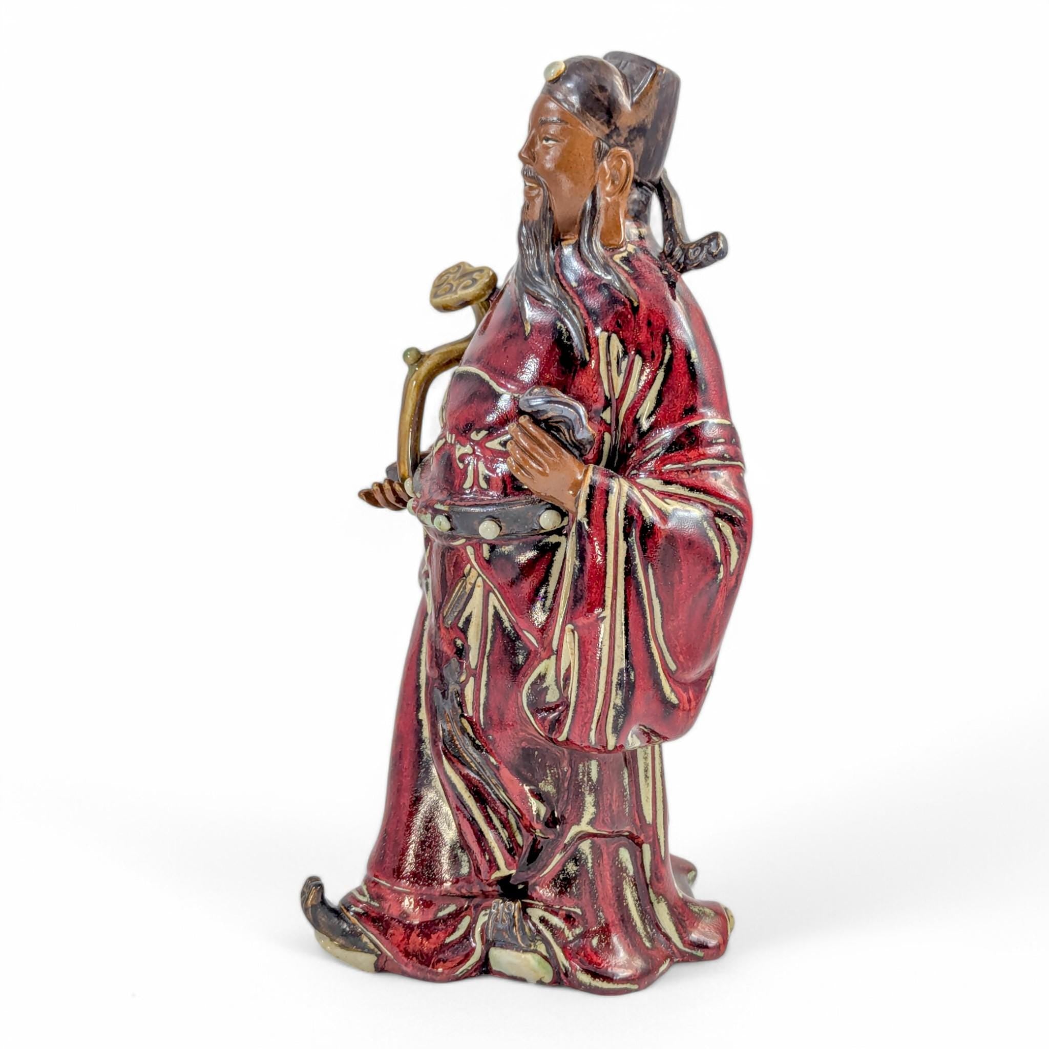 Vintage Shiwan Pottery Statue: Oxblood Glaze Chinese Official with Ruyi Sceptre