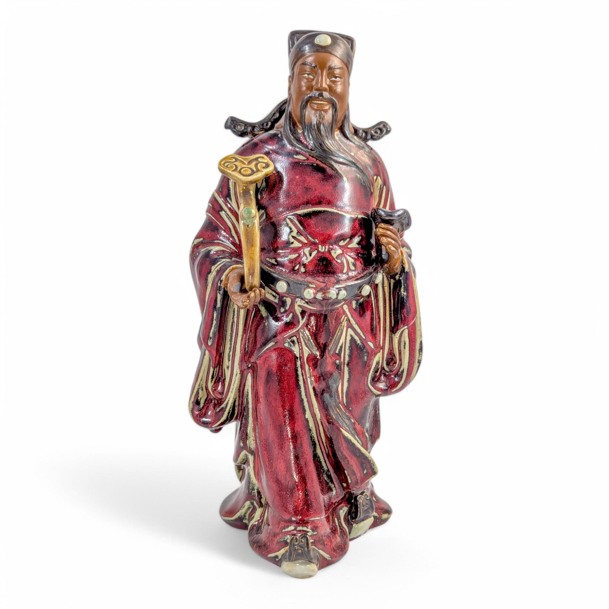 Vintage Shiwan Pottery Statue: Oxblood Glaze Chinese Official with Ruyi Sceptre