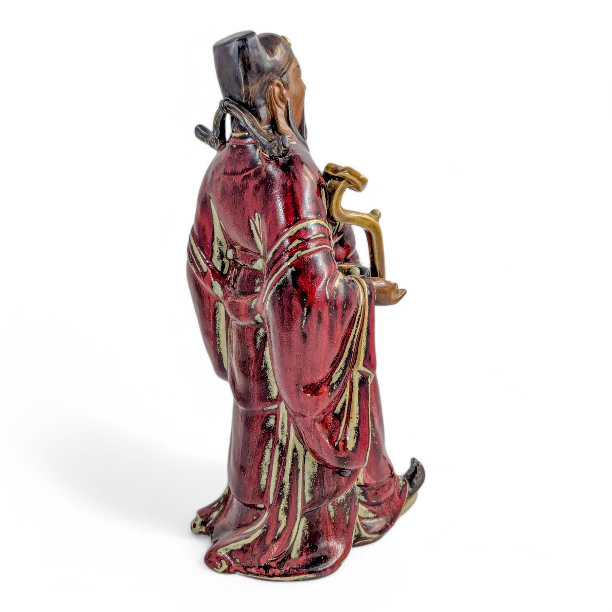 Vintage Shiwan Pottery Statue: Oxblood Glaze Chinese Official with Ruyi Sceptre
