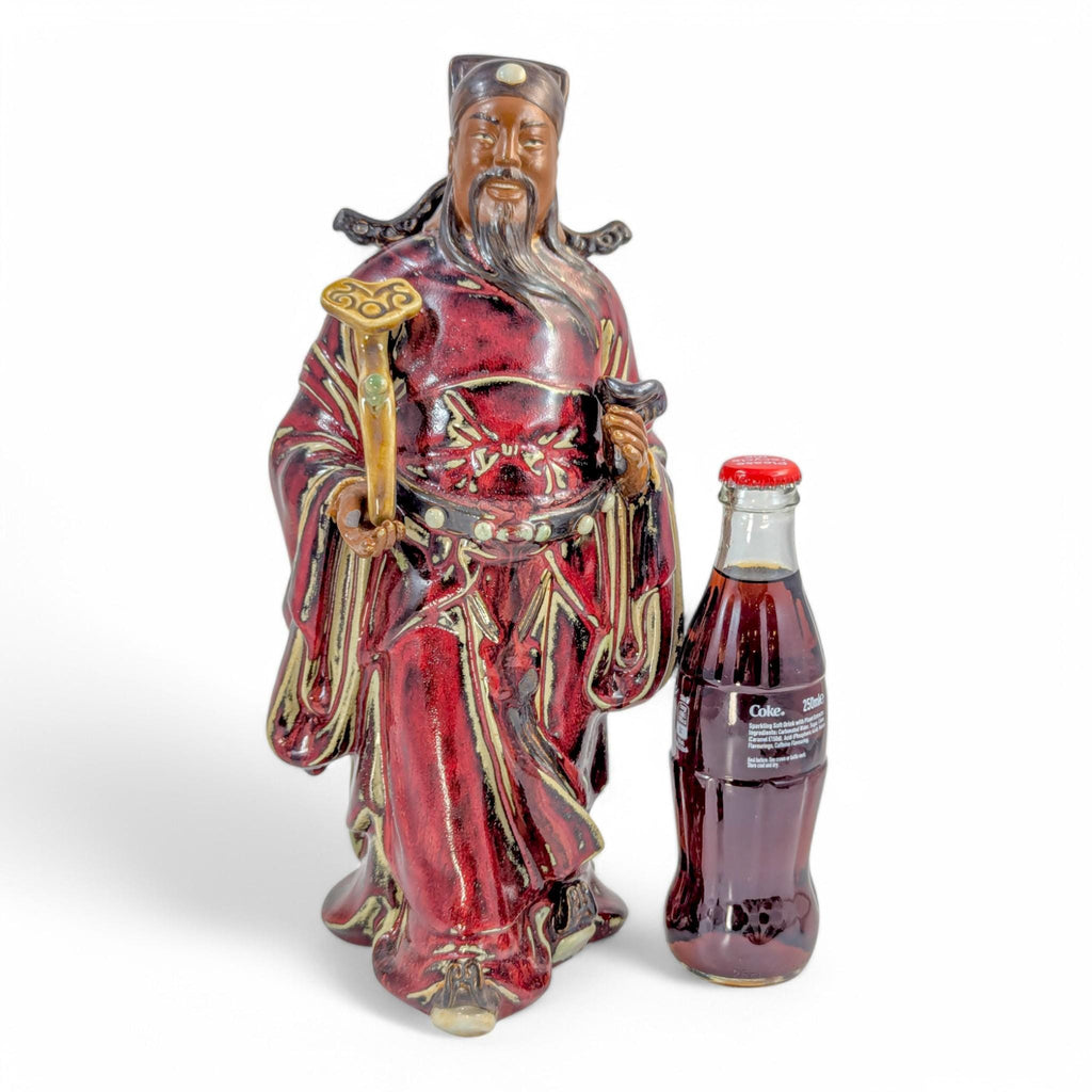 Vintage Shiwan Pottery Statue: Oxblood Glaze Chinese Official with Ruyi Sceptre