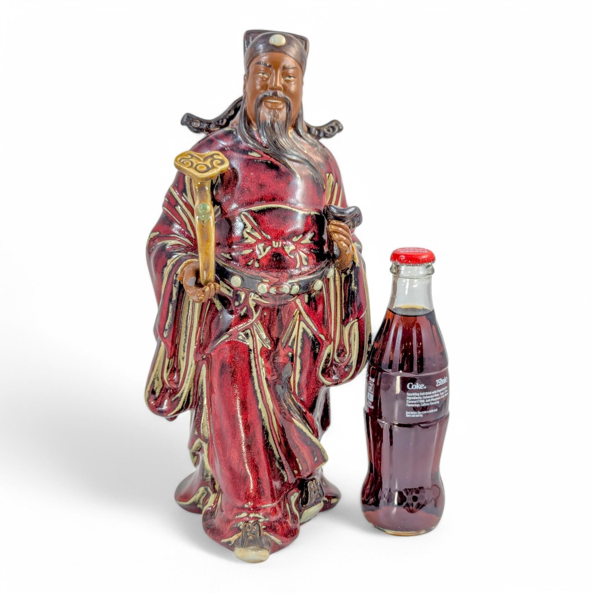 Vintage Shiwan Pottery Statue: Oxblood Glaze Chinese Official with Ruyi Sceptre