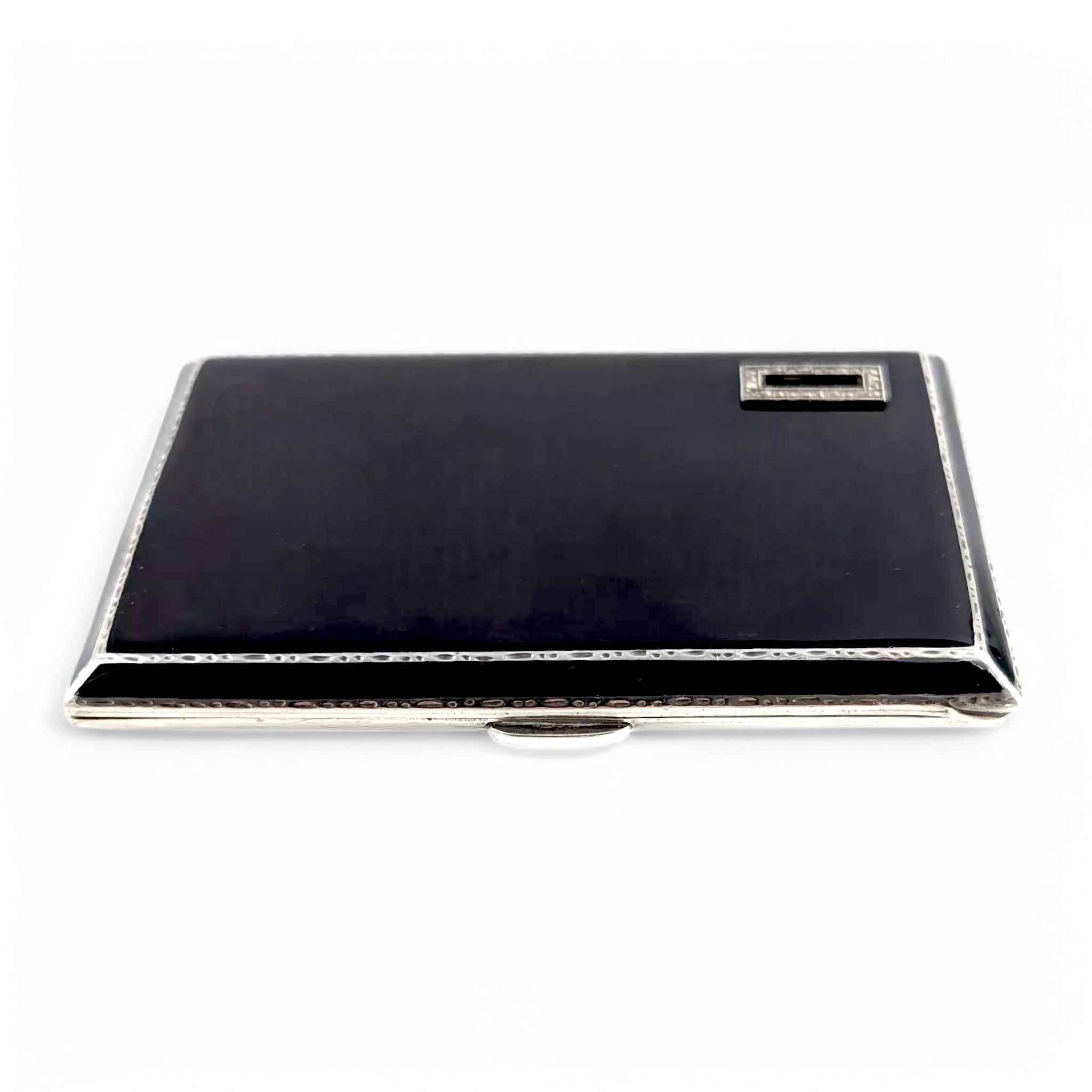 Art Deco sterling silver and black enamel cigarette case, marcasite front, engine-turned reverse, Goldsmiths & Silversmiths Co, 1932