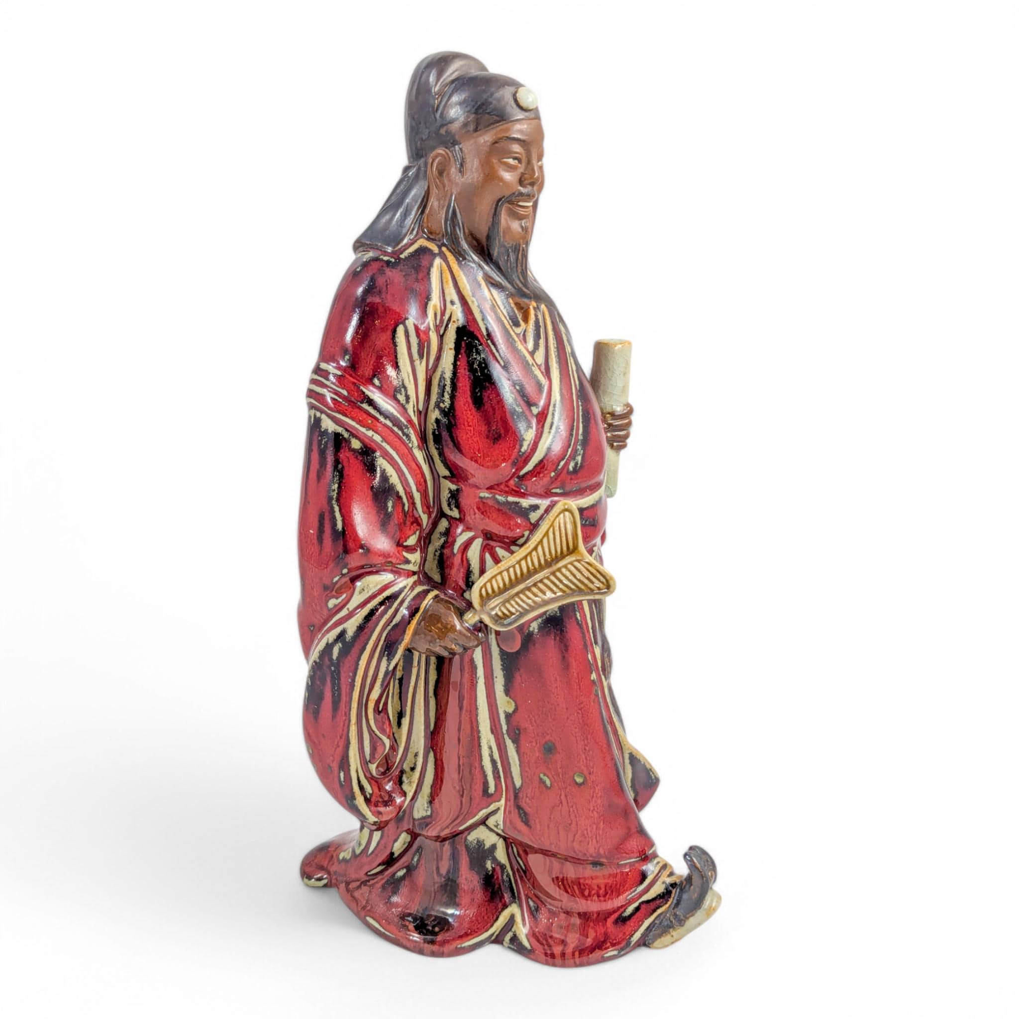 Vintage Shiwan Pottery Figure: Oxblood Glazed Chinese Official Statue