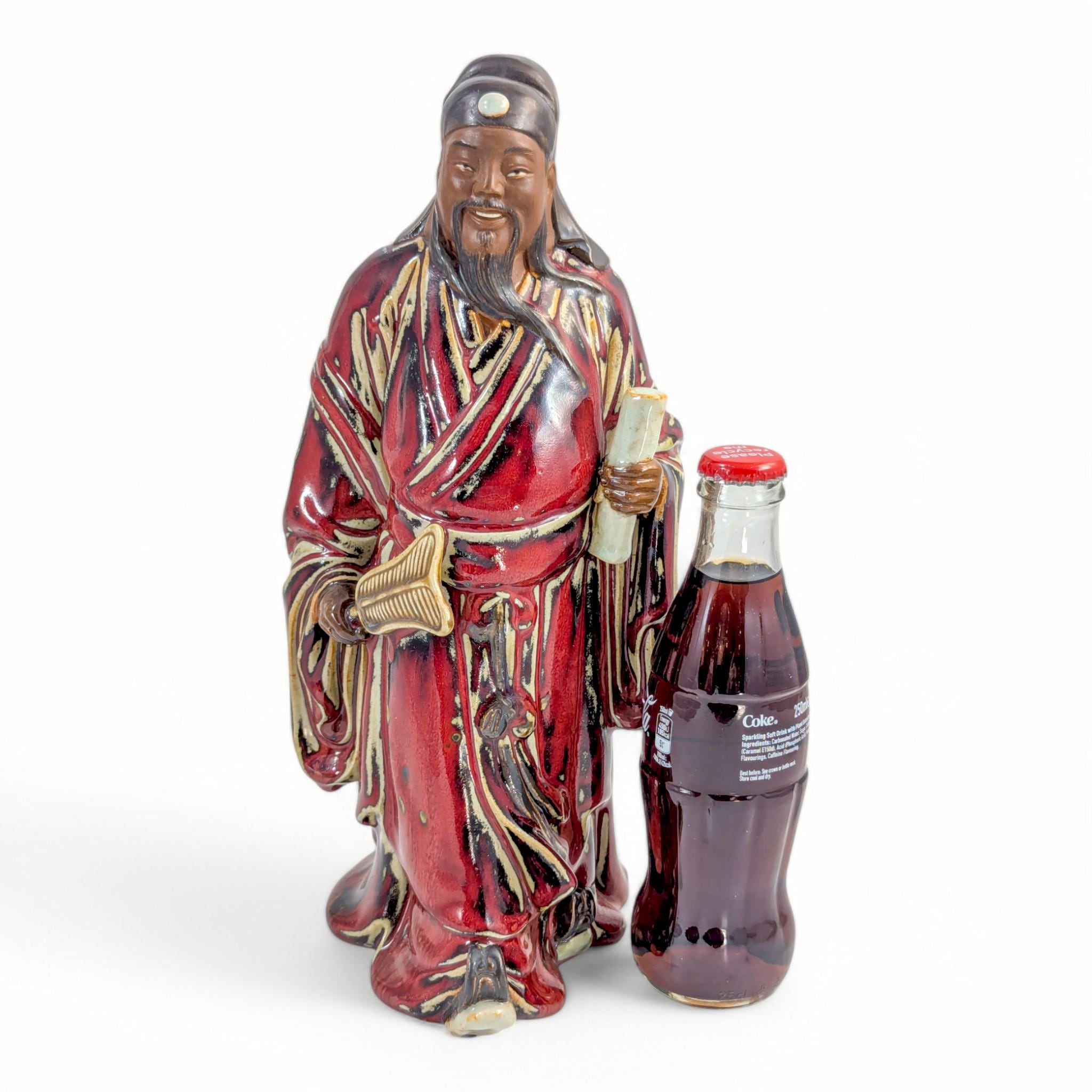 Vintage Shiwan Pottery Figure: Oxblood Glazed Chinese Official Statue