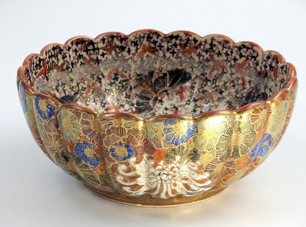 Meiji Japanese Satsuma Bowl: Thousand Flowers, Thousand Butterflies, Signed Tanaka, c. 1880