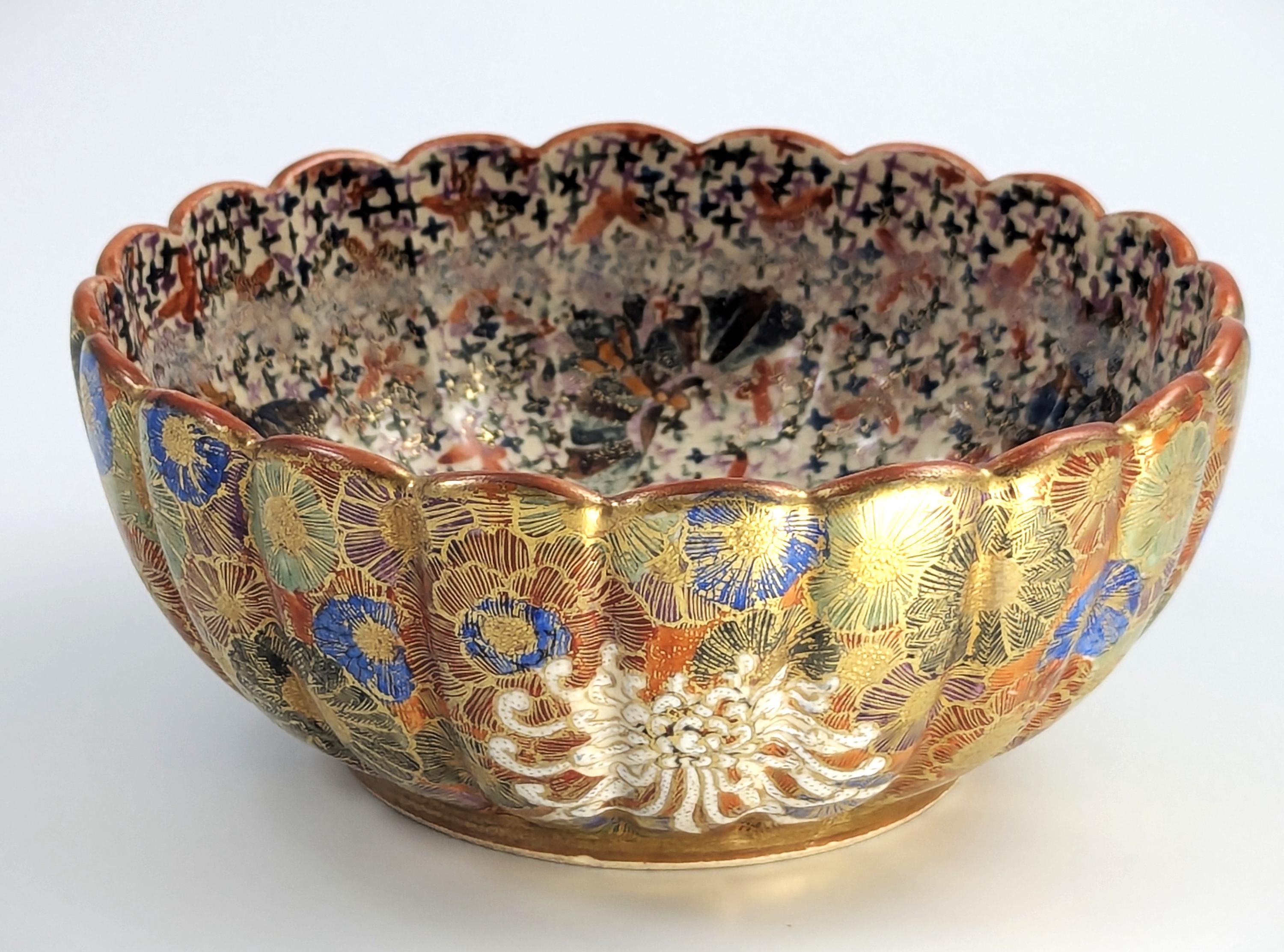 Meiji Japanese Satsuma Bowl: Thousand Flowers, Thousand Butterflies, Signed Tanaka, c. 1880