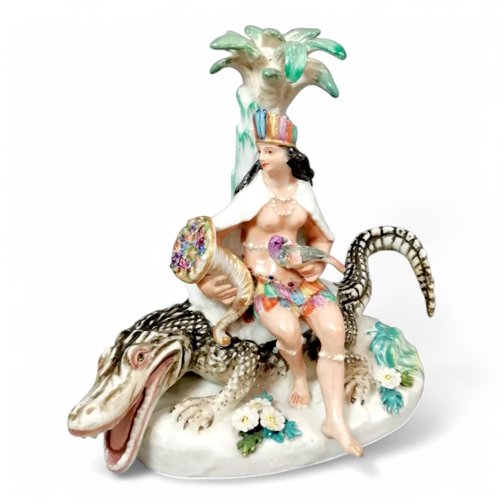 Antique Chelsea Porcelain Figurine: Woman on Alligator, c. 1745