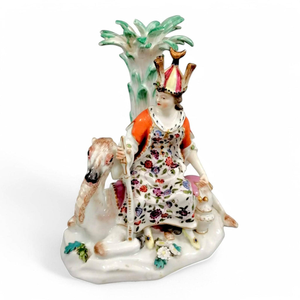 Chelsea Porcelain Figurine: Woman on Camel, Antique Allegorical Figure