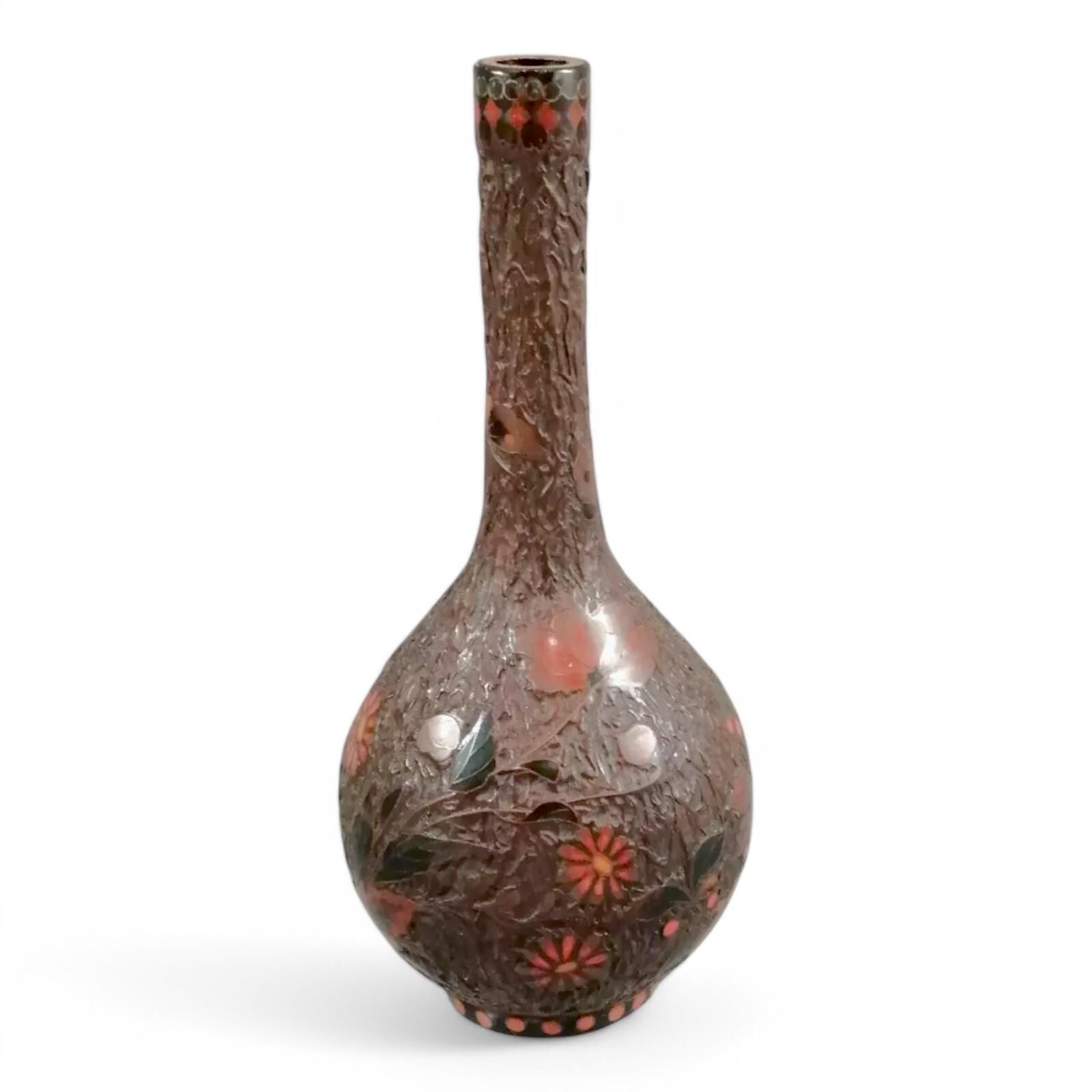 Meiji Japanese Totai-Shippo Vase: Cloisonné Butterflies, Tree Bark Glaze