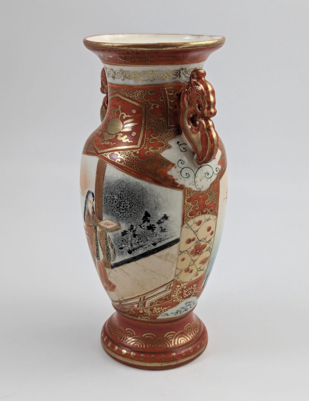 Meiji Kutani Porcelain Vase: Hand-Painted Court Lady, Shishi Handles, Signed Juzan