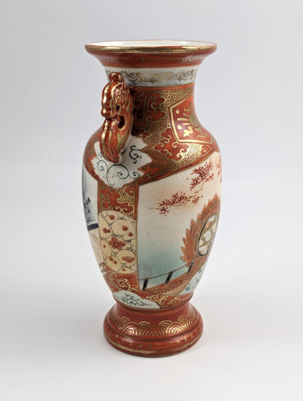 Meiji Kutani Porcelain Vase: Hand-Painted Court Lady, Shishi Handles, Signed Juzan